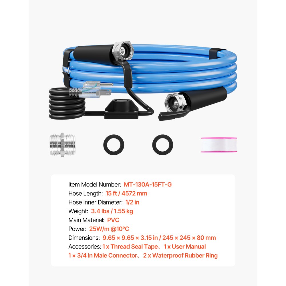 VEVOR 15FT Heated Water Hose for RV Antifreeze to -45°F Drinking Water Hose, 1/2" ID, Smooth Surface, Built-in Thermostat, Freeze & Leak-Proof, Lead and BPA Free, Fast Heating for RV Camping Garden