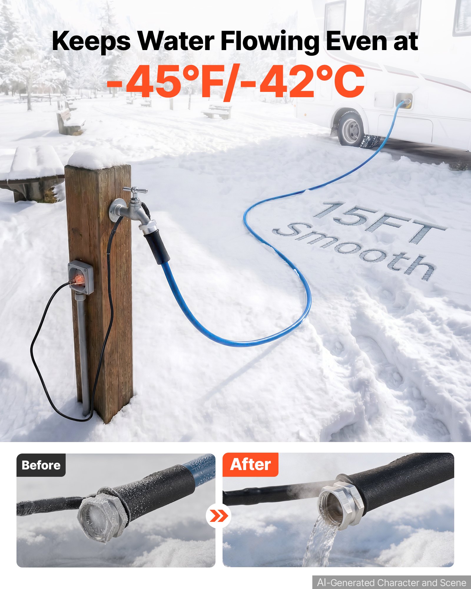 VEVOR 15FT Heated Water Hose for RV Antifreeze to -45°F Drinking Water Hose, 1/2" ID, Smooth Surface, Built-in Thermostat, Freeze & Leak-Proof, Lead and BPA Free, Fast Heating for RV Camping Garden