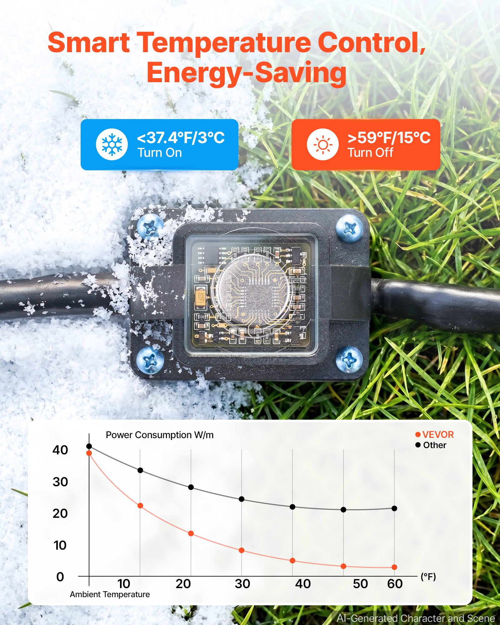 VEVOR 15FT Heated Water Hose for RV Antifreeze to -45°F Drinking Water Hose, 1/2" ID, Smooth Surface, Built-in Thermostat, Freeze & Leak-Proof, Lead and BPA Free, Fast Heating for RV Camping Garden