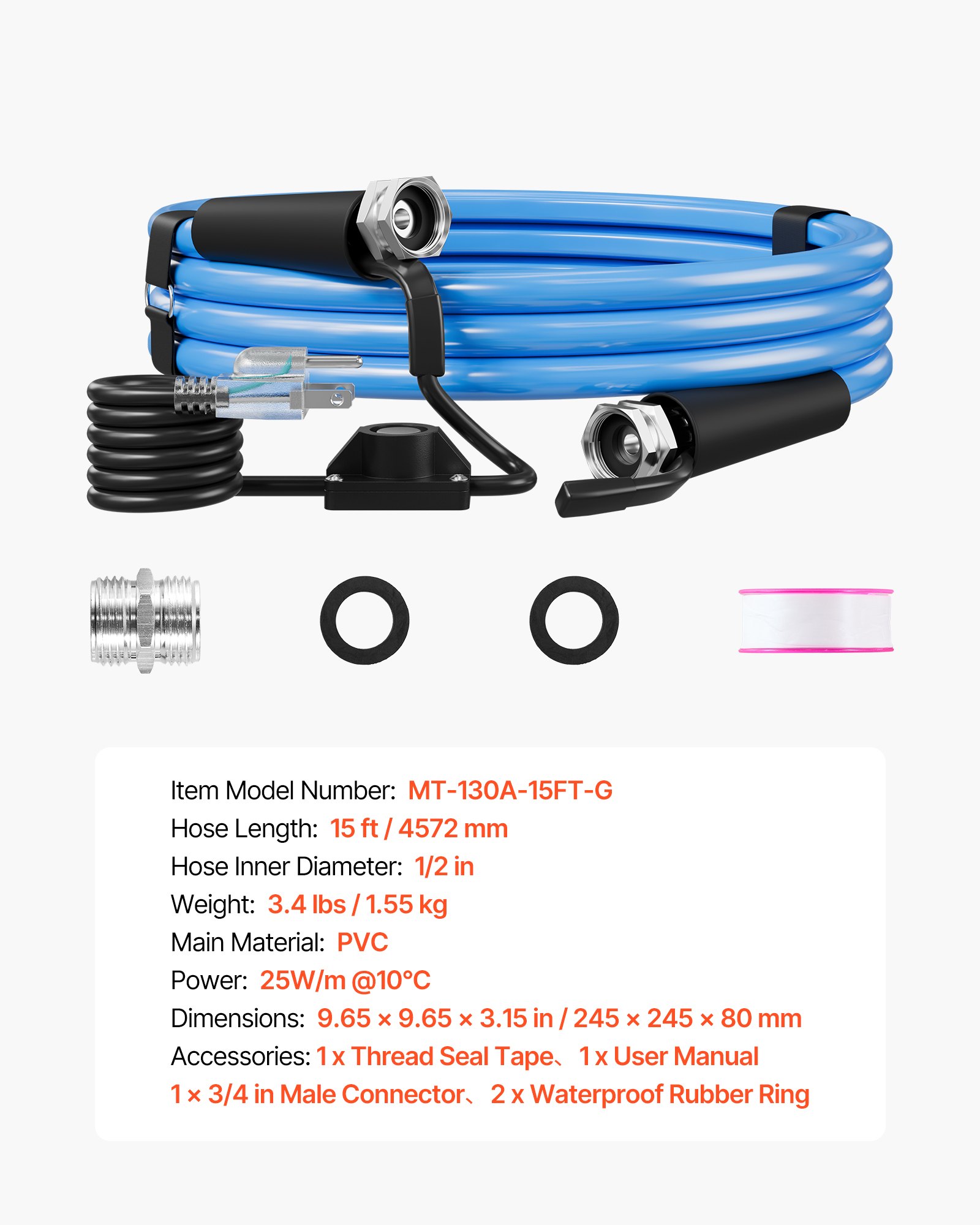 VEVOR 15FT Heated Water Hose for RV Antifreeze to -45°F Drinking Water Hose, 1/2" ID, Smooth Surface, Built-in Thermostat, Freeze & Leak-Proof, Lead and BPA Free, Fast Heating for RV Camping Garden
