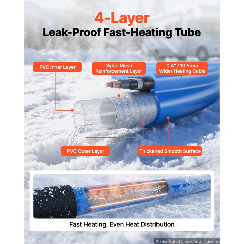 VEVOR 50FT Heated Water Hose for RV Antifreeze to -45°F Drinking Water Hose, 1/2" ID, Smooth Surface, Built-in Thermostat, Freeze & Leak-Proof, Lead and BPA Free, Fast Heating for RV Camping Garden