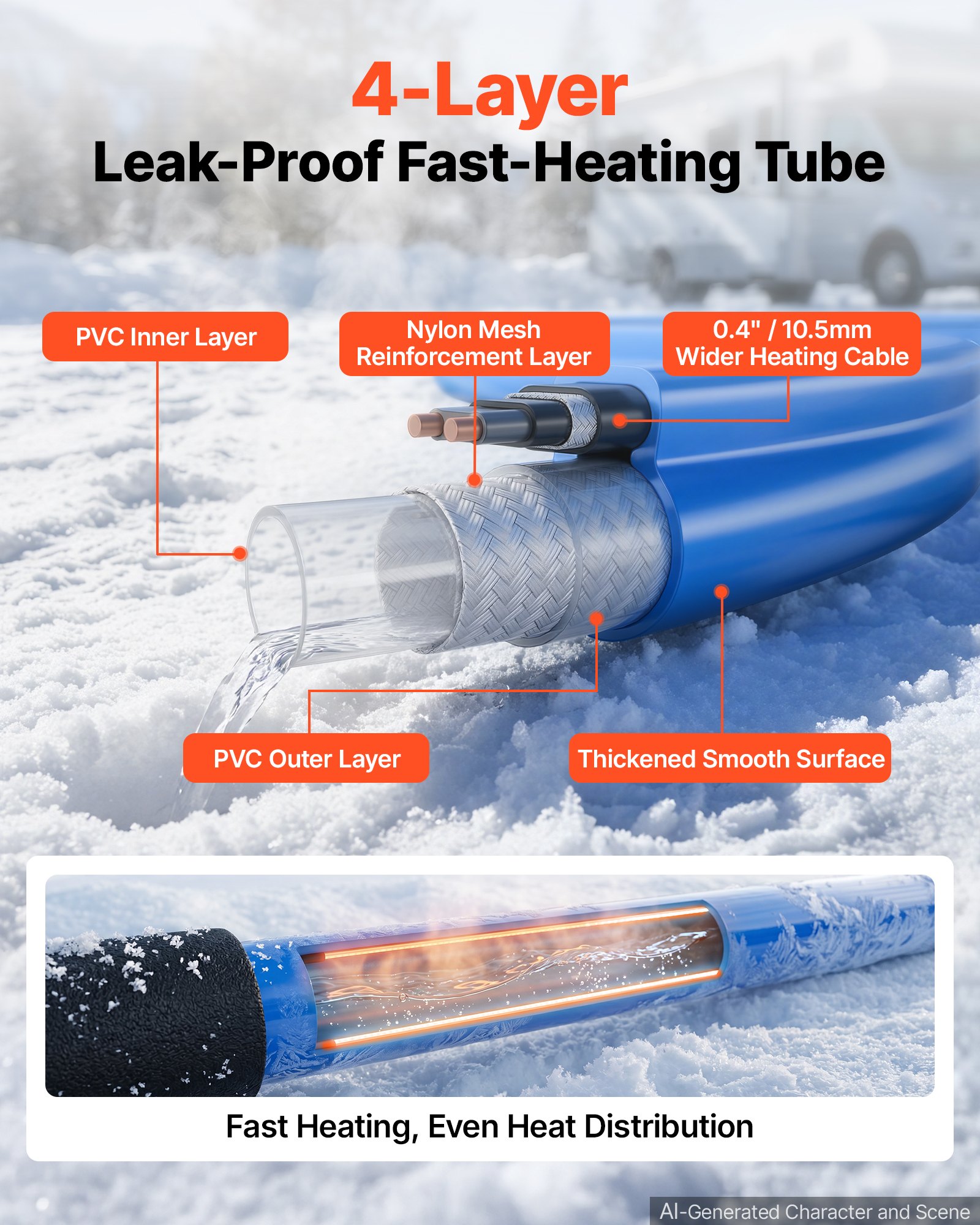 VEVOR 50FT Heated Water Hose for RV Antifreeze to -45°F Drinking Water Hose, 1/2" ID, Smooth Surface, Built-in Thermostat, Freeze & Leak-Proof, Lead and BPA Free, Fast Heating for RV Camping Garden