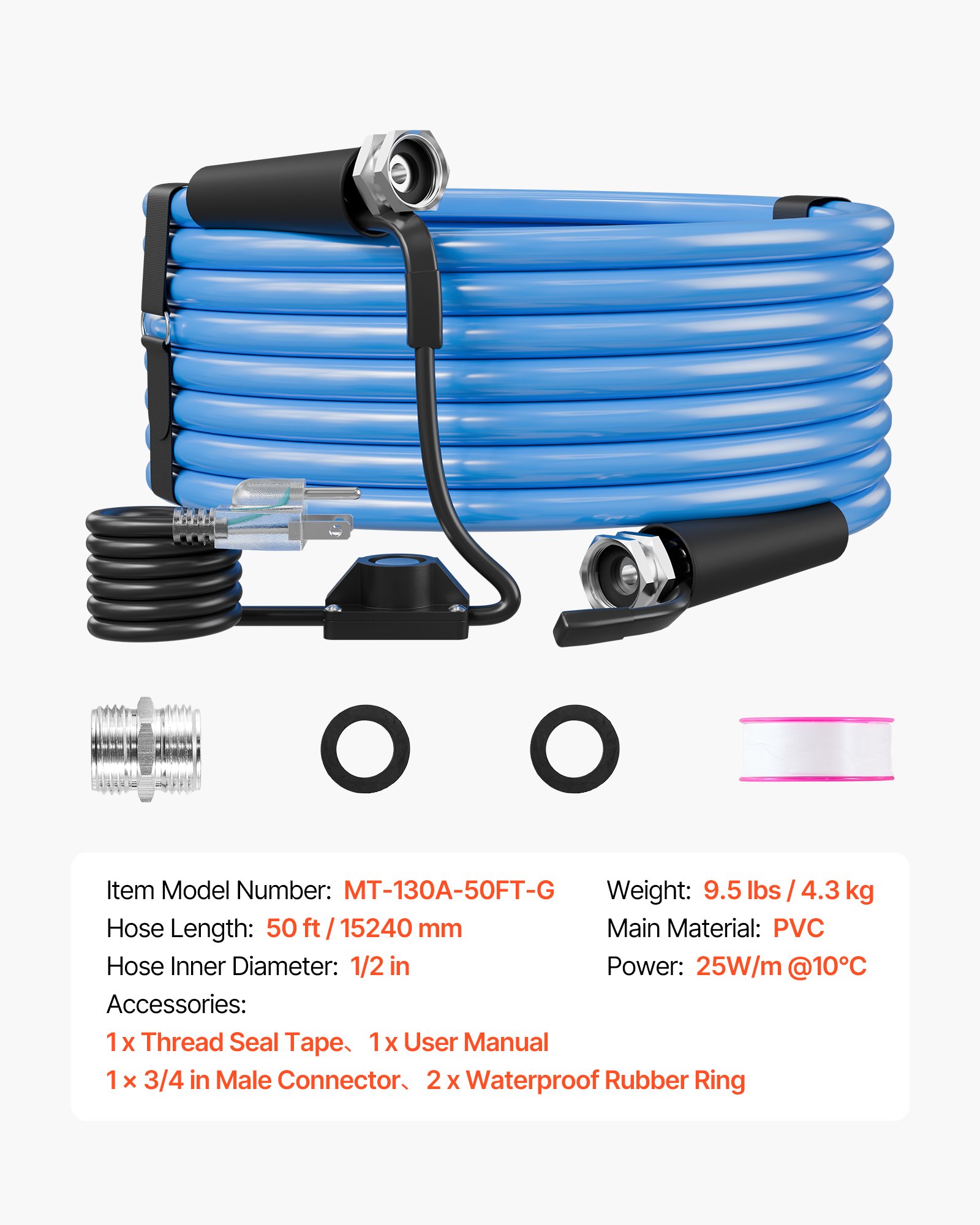 VEVOR 50FT Heated Water Hose for RV Antifreeze to -45°F Drinking Water Hose, 1/2" ID, Smooth Surface, Built-in Thermostat, Freeze & Leak-Proof, Lead and BPA Free, Fast Heating for RV Camping Garden