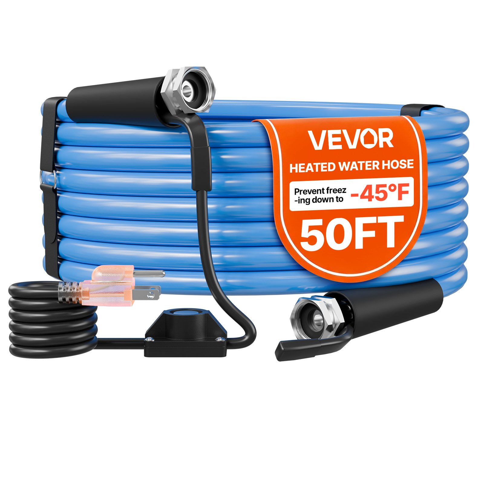 VEVOR 50FT Heated Water Hose for RV Antifreeze to -45°F Drinking Water Hose, 1/2" ID, Smooth Surface, Built-in Thermostat, Freeze & Leak-Proof, Lead and BPA Free, Fast Heating for RV Camping Garden