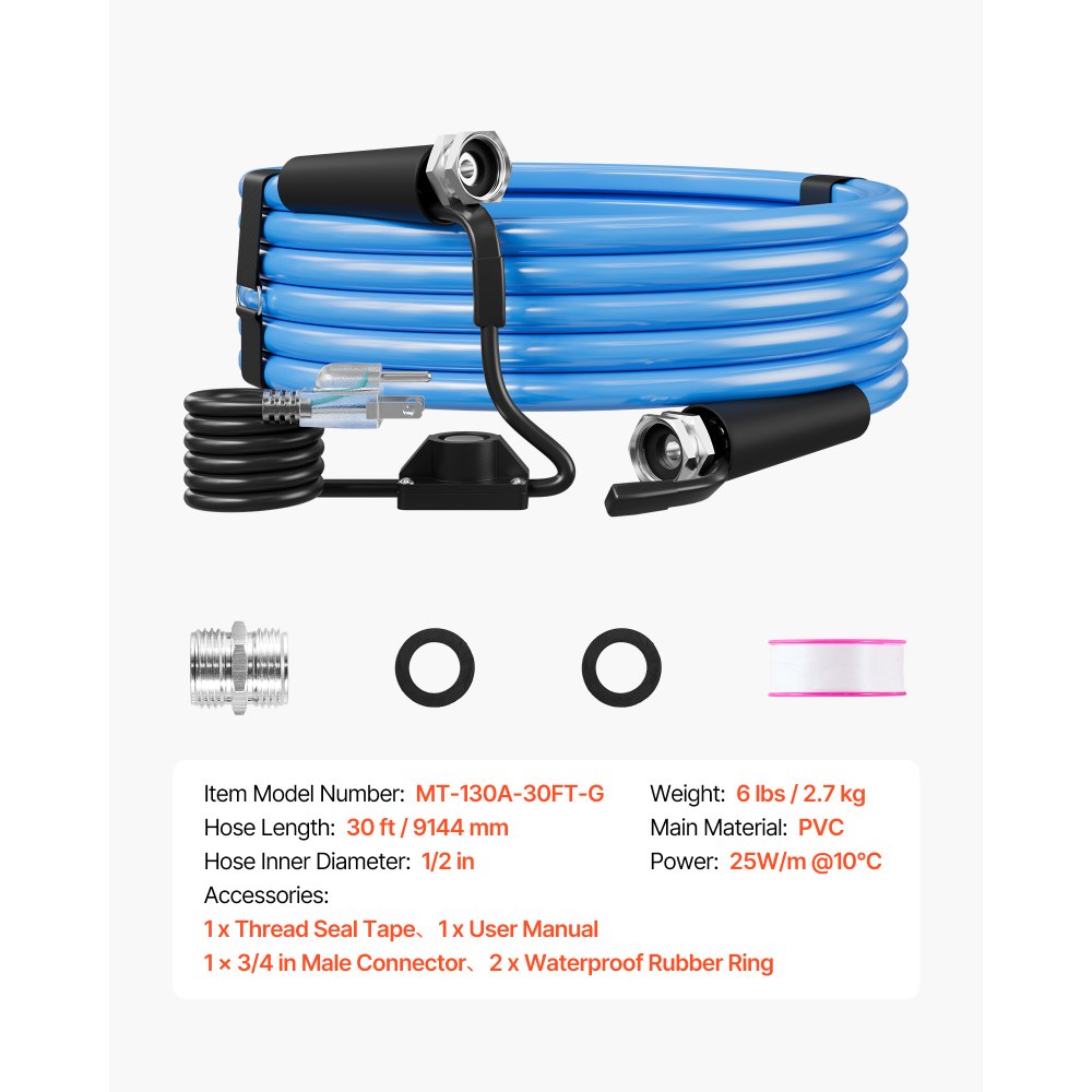 VEVOR 30FT Heated Water Hose for RV Antifreeze to -45°F Drinking Water Hose, 1/2" ID, Smooth Surface, Built-in Thermostat, Freeze & Leak-Proof, Lead and BPA Free, Fast Heating for RV Camping Garden