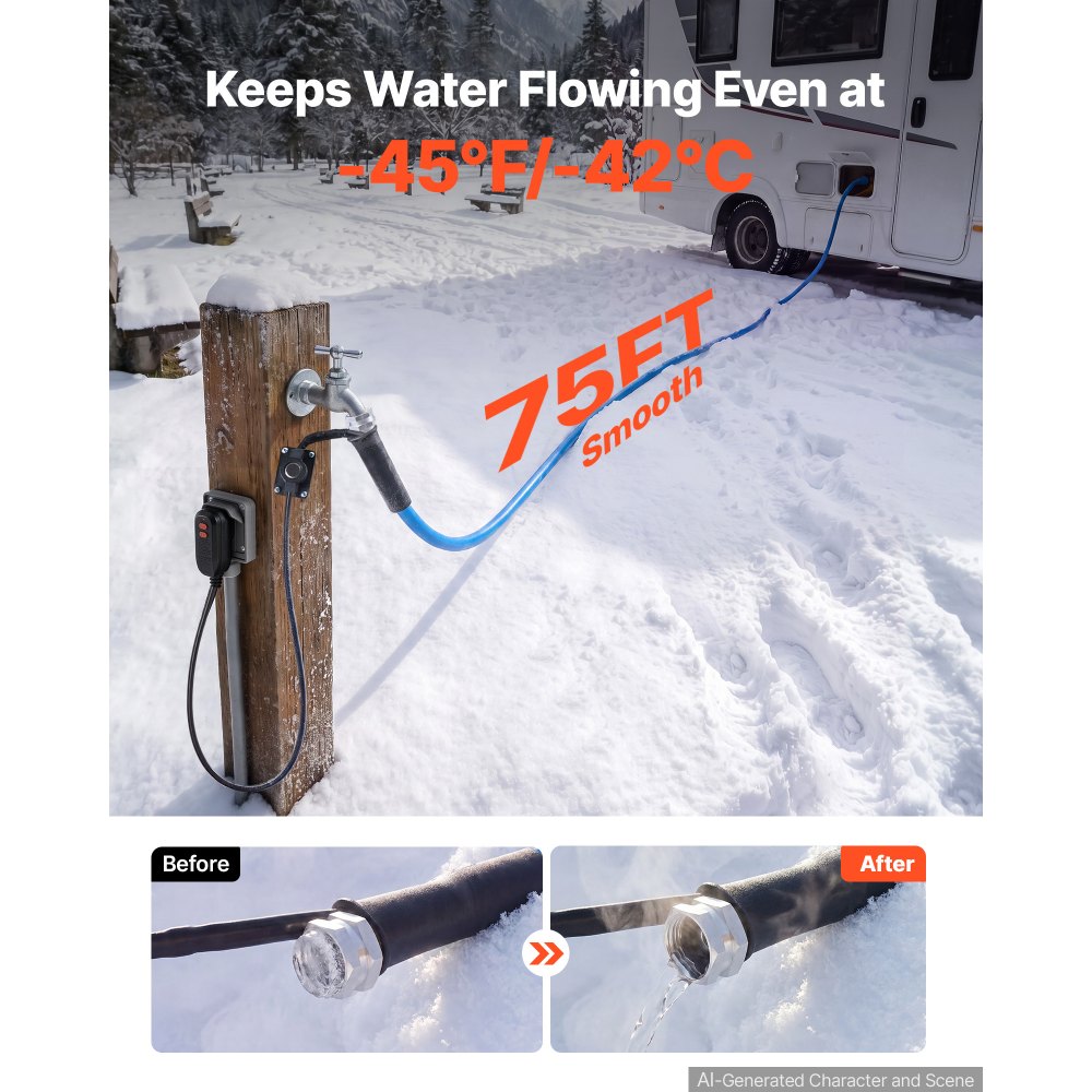VEVOR 75FT Heated Water Hose for RV -45°F Anti Freeze Drinking Water Hose, 1/2" ID, Smooth Surface, with Leakage Protection GFCI, Built-in Thermostat, Freeze & Leak-Proof, Lead and BPA Free for RVs