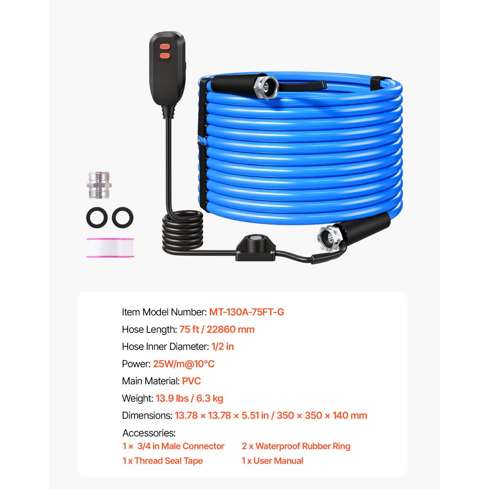 VEVOR 75FT Heated Water Hose for RV -45°F Anti Freeze Drinking Water Hose, 1/2" ID, Smooth Surface, with Leakage Protection GFCI, Built-in Thermostat, Freeze & Leak-Proof, Lead and BPA Free for RVs