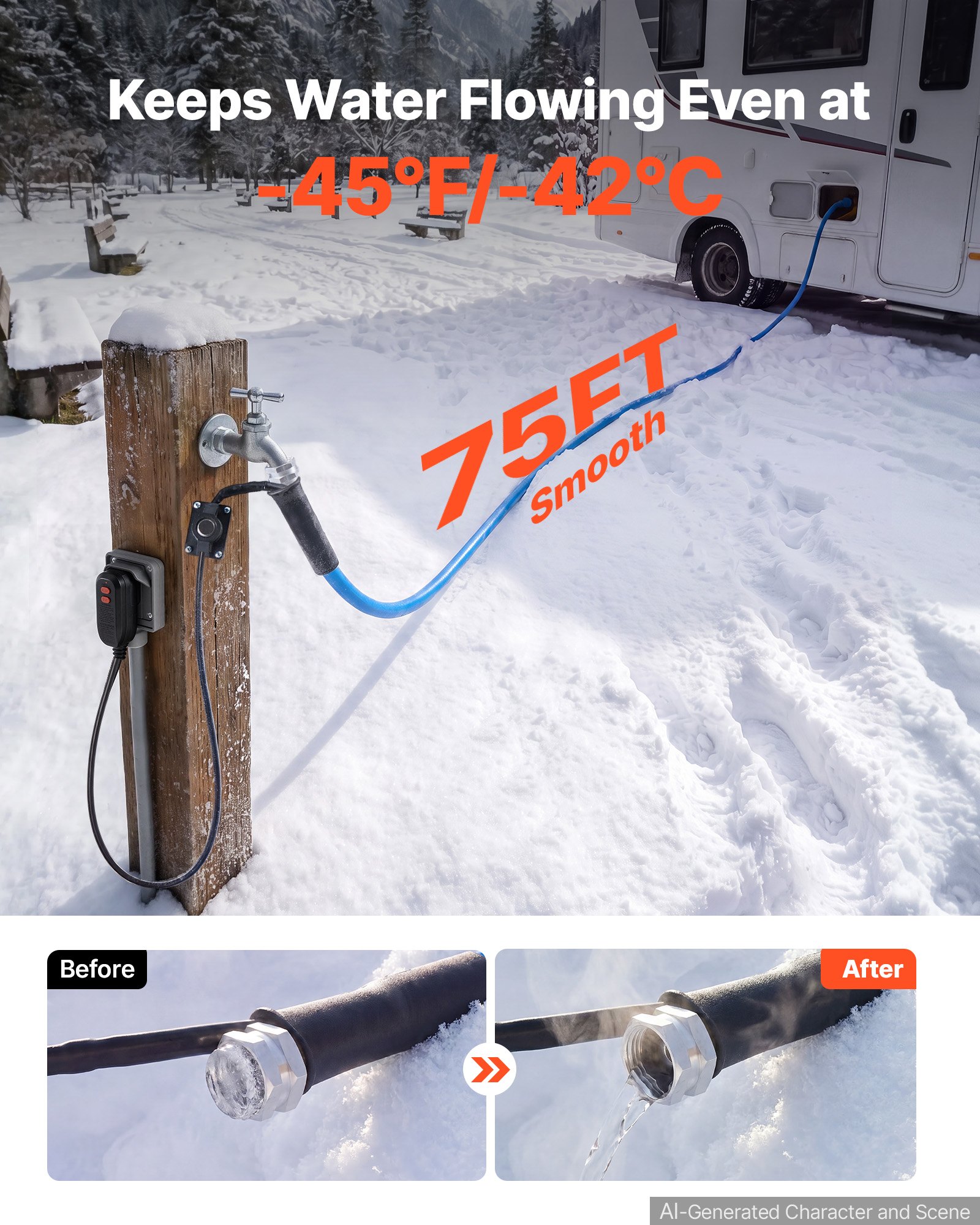 VEVOR 75FT Heated Water Hose for RV -45°F Anti Freeze Drinking Water Hose, 1/2" ID, Smooth Surface, with Leakage Protection GFCI, Built-in Thermostat, Freeze & Leak-Proof, Lead and BPA Free for RVs