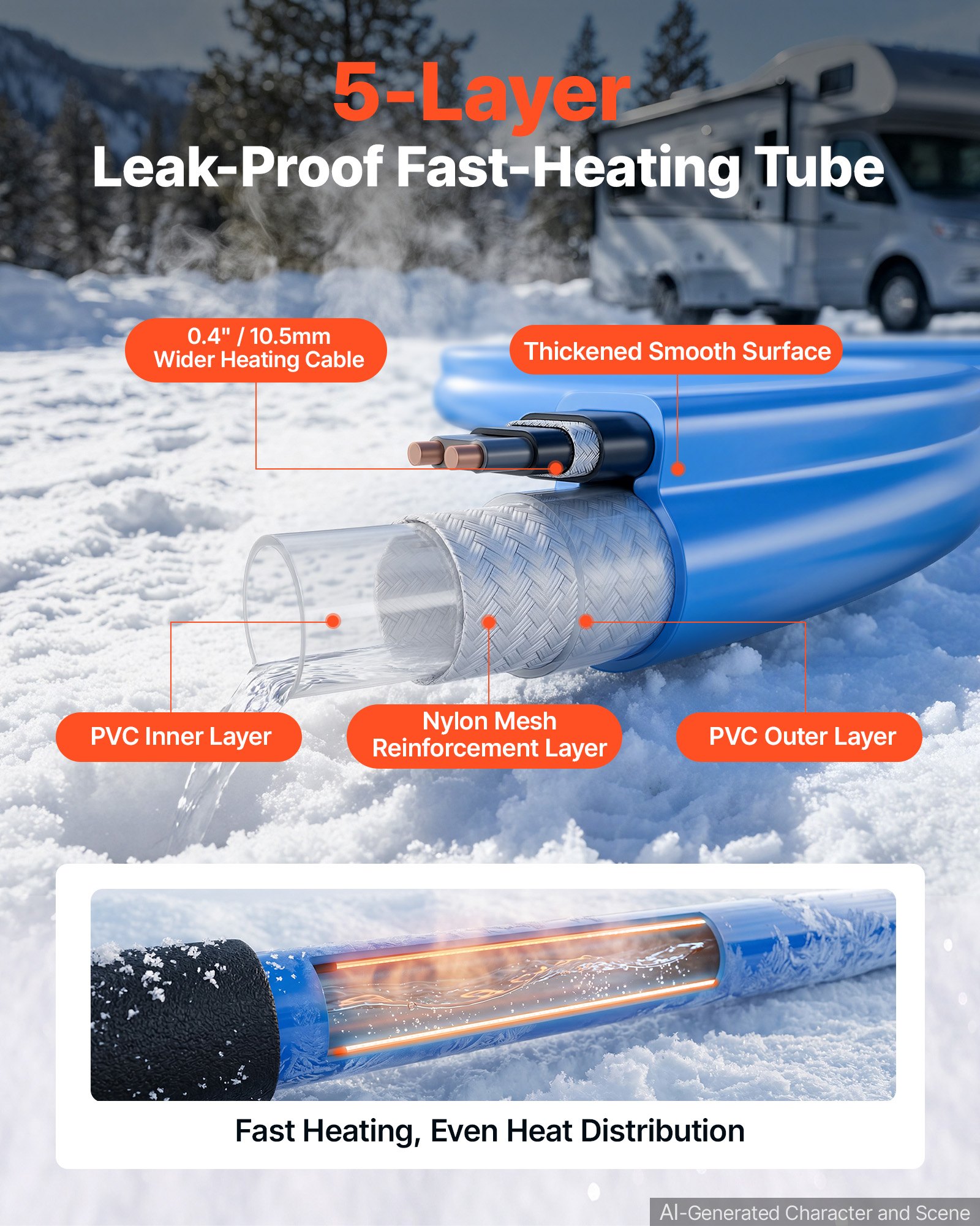 VEVOR 75FT Heated Water Hose for RV -45°F Anti Freeze Drinking Water Hose, 1/2" ID, Smooth Surface, with Leakage Protection GFCI, Built-in Thermostat, Freeze & Leak-Proof, Lead and BPA Free for RVs