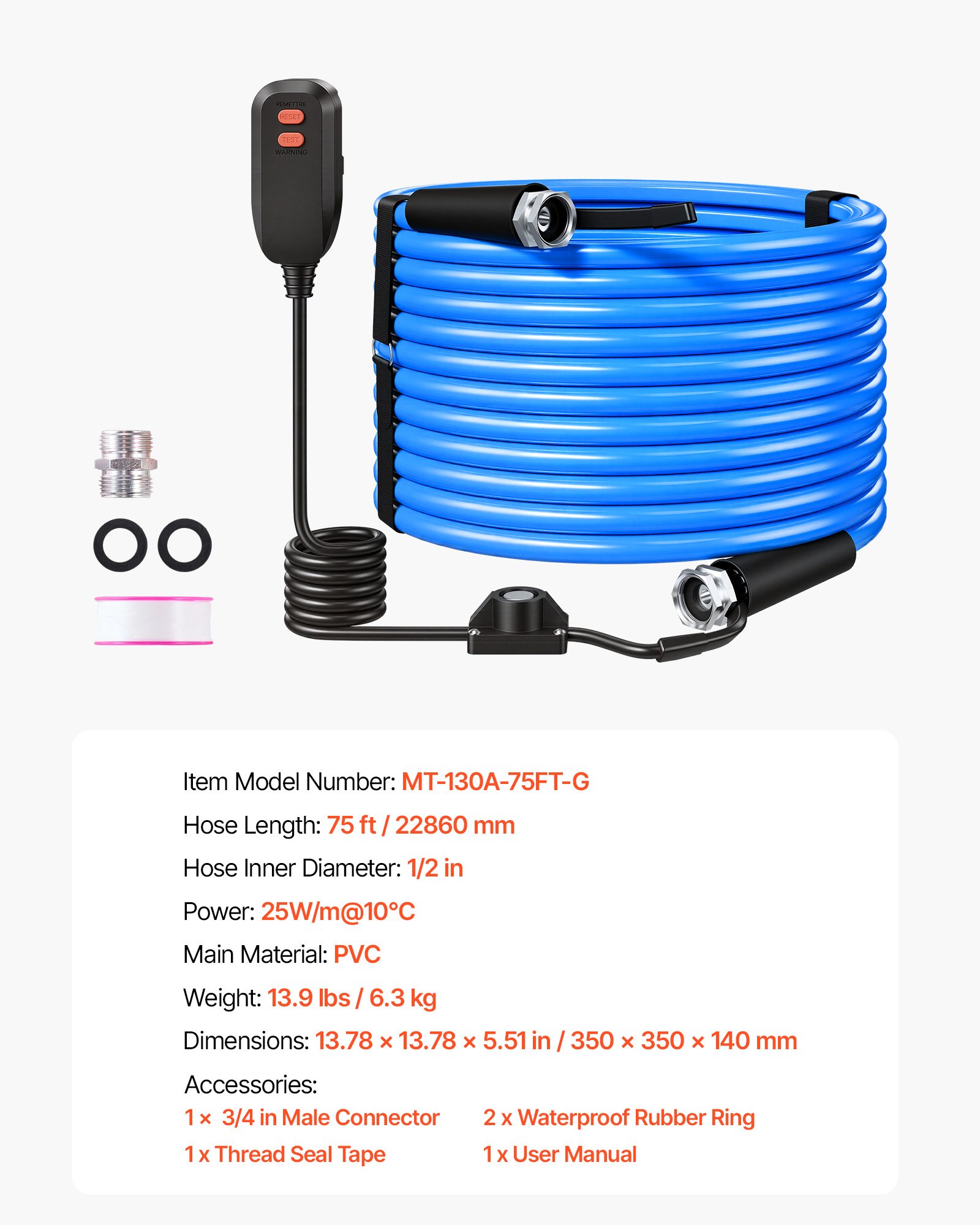 VEVOR 75FT Heated Water Hose for RV -45°F Anti Freeze Drinking Water Hose, 1/2" ID, Smooth Surface, with Leakage Protection GFCI, Built-in Thermostat, Freeze & Leak-Proof, Lead and BPA Free for RVs