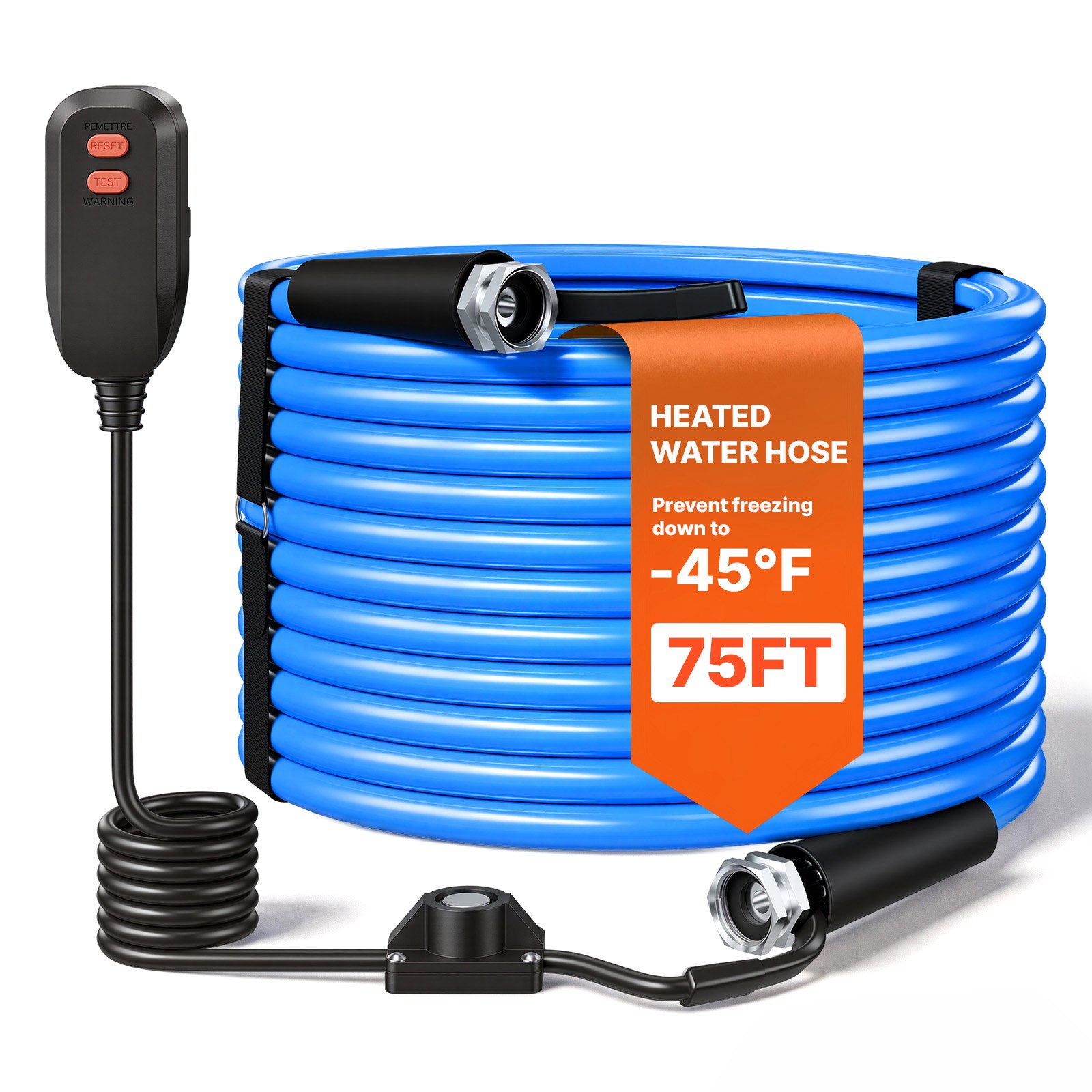 VEVOR 75FT Heated Water Hose for RV -45°F Anti Freeze Drinking Water Hose, 1/2" ID, Smooth Surface, with Leakage Protection GFCI, Built-in Thermostat, Freeze & Leak-Proof, Lead and BPA Free for RVs