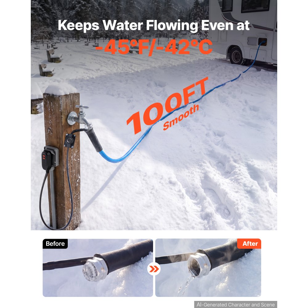 VEVOR 100FT Heated Water Hose for RV -45°F Anti Freeze Drinking Water Hose, 1/2" ID, Smooth Surface, with Leakage Protection GFCI, Built-in Thermostat, Freeze & Leak-Proof, Lead and BPA Free for RVs