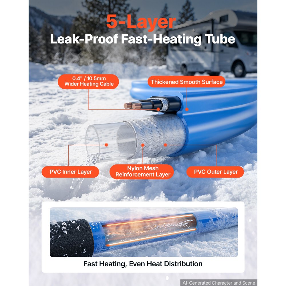 VEVOR 100FT Heated Water Hose for RV -45°F Anti Freeze Drinking Water Hose, 1/2" ID, Smooth Surface, with Leakage Protection GFCI, Built-in Thermostat, Freeze & Leak-Proof, Lead and BPA Free for RVs
