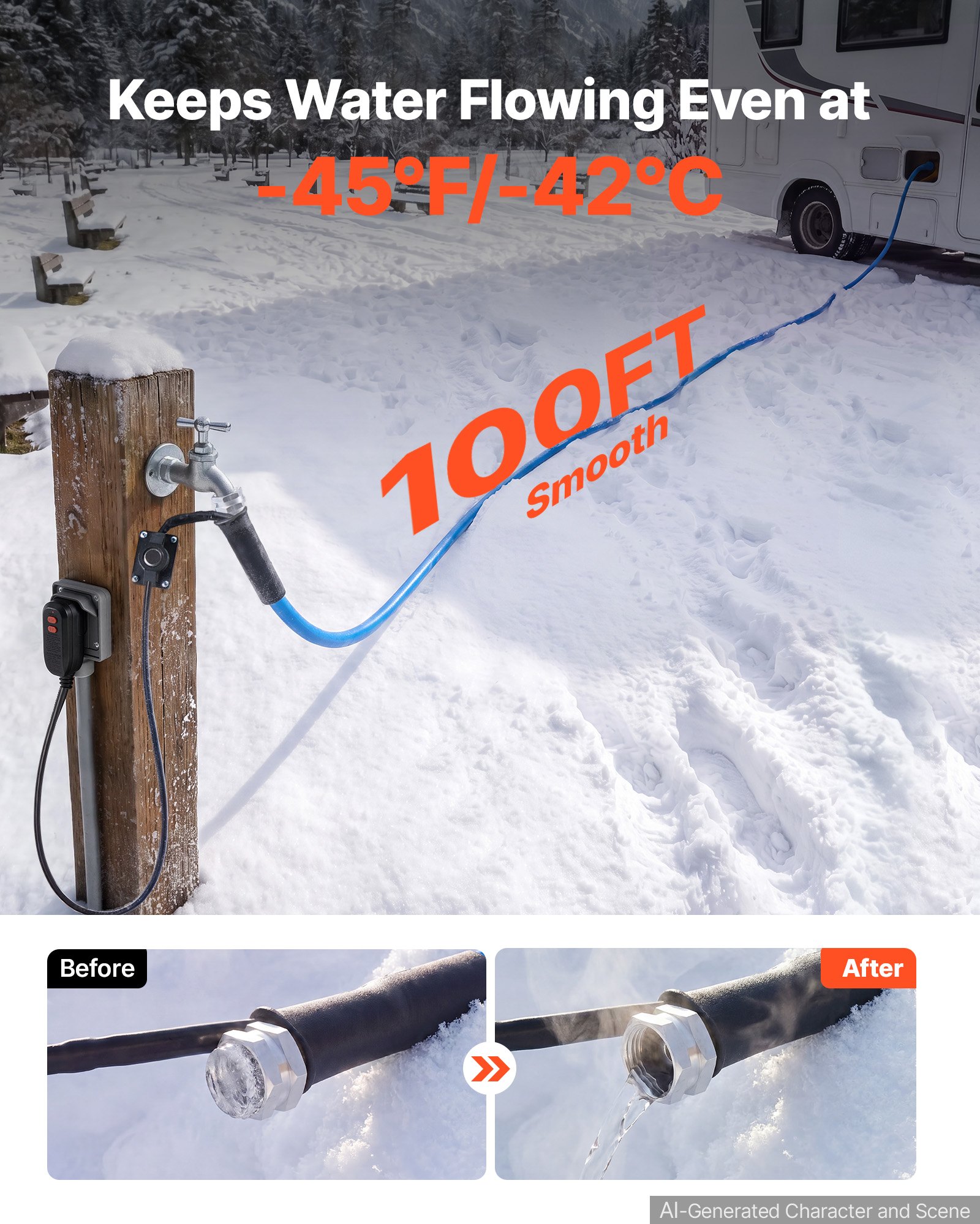 VEVOR 100FT Heated Water Hose for RV -45°F Anti Freeze Drinking Water Hose, 1/2" ID, Smooth Surface, with Leakage Protection GFCI, Built-in Thermostat, Freeze & Leak-Proof, Lead and BPA Free for RVs