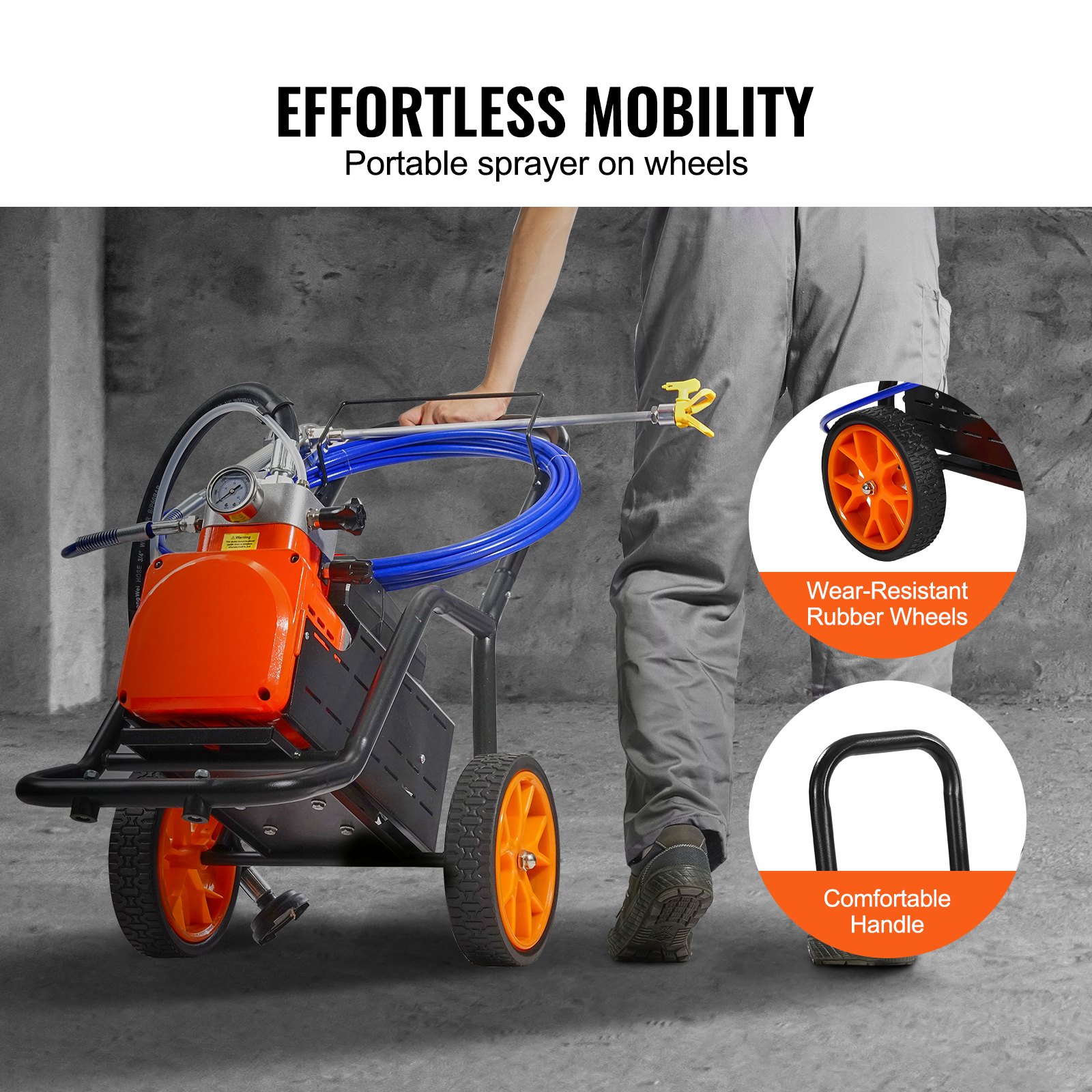 VEVOR Diaphragm Airless Paint Sprayer, 1700 W Efficiency Cart Airless Paint Sprayer, 3000 psi High Pressure Paint Airless Sprayer, with Extension Bar, for Home Interior and Exterior Spraying