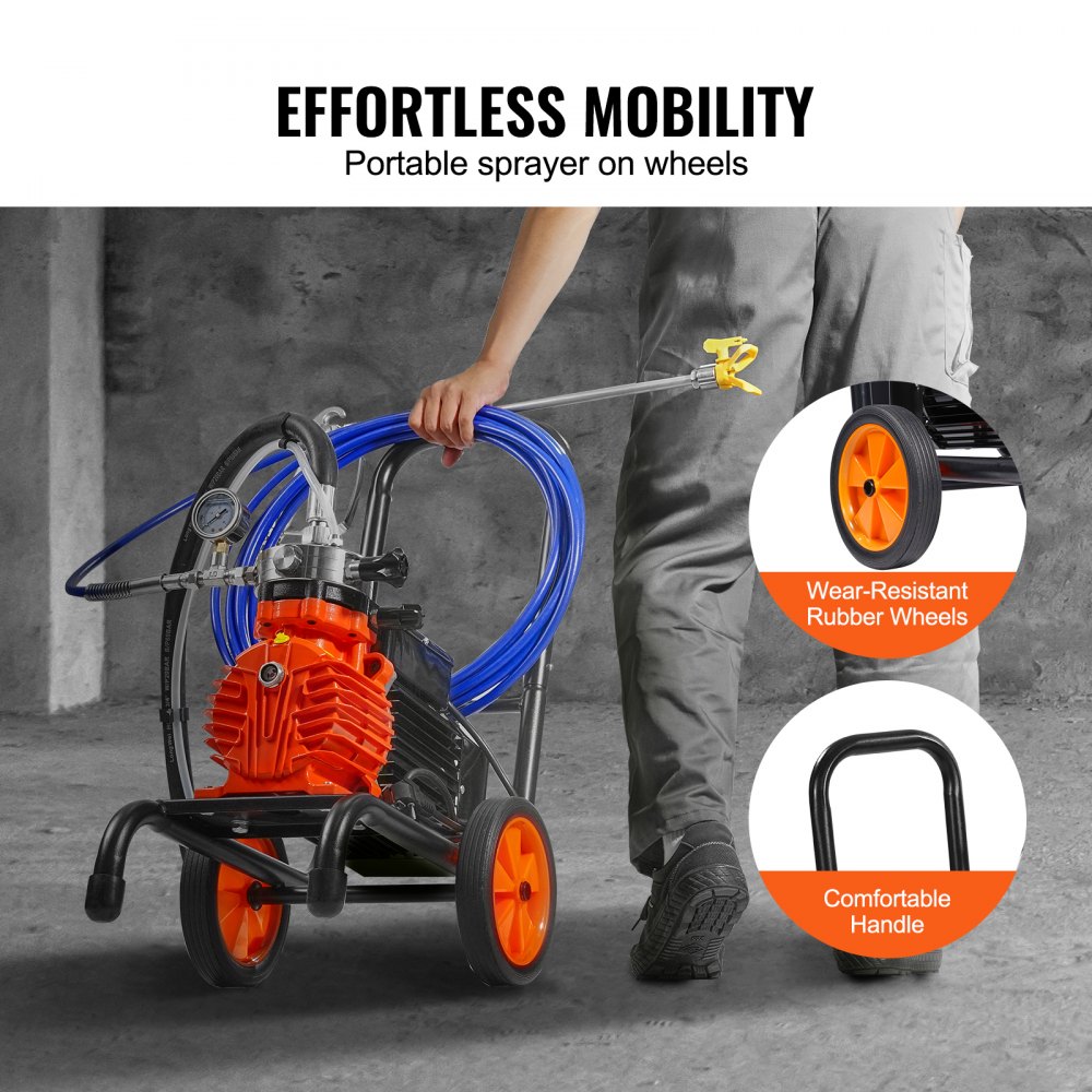 VEVOR Diaphragm Airless Paint Sprayer, 900 W Efficiency Cart Airless Paint Sprayer, 1800 psi High Pressure Paint Airless Sprayer, with Extension Bar, for Home Interior and Exterior Spraying