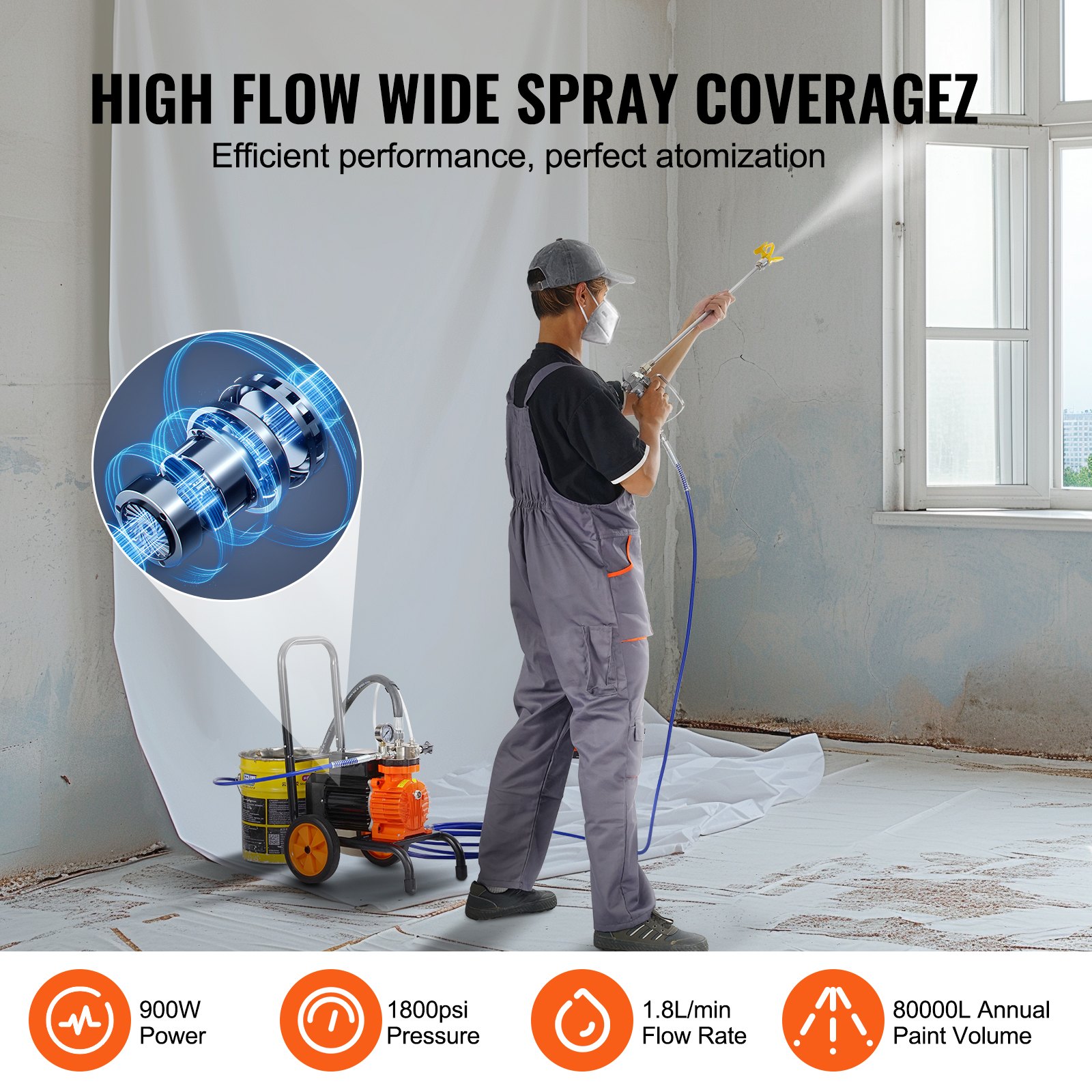 VEVOR Diaphragm Airless Paint Sprayer, 900 W Efficiency Cart Airless Paint Sprayer, 1800 psi High Pressure Paint Airless Sprayer, with Extension Bar, for Home Interior and Exterior Spraying