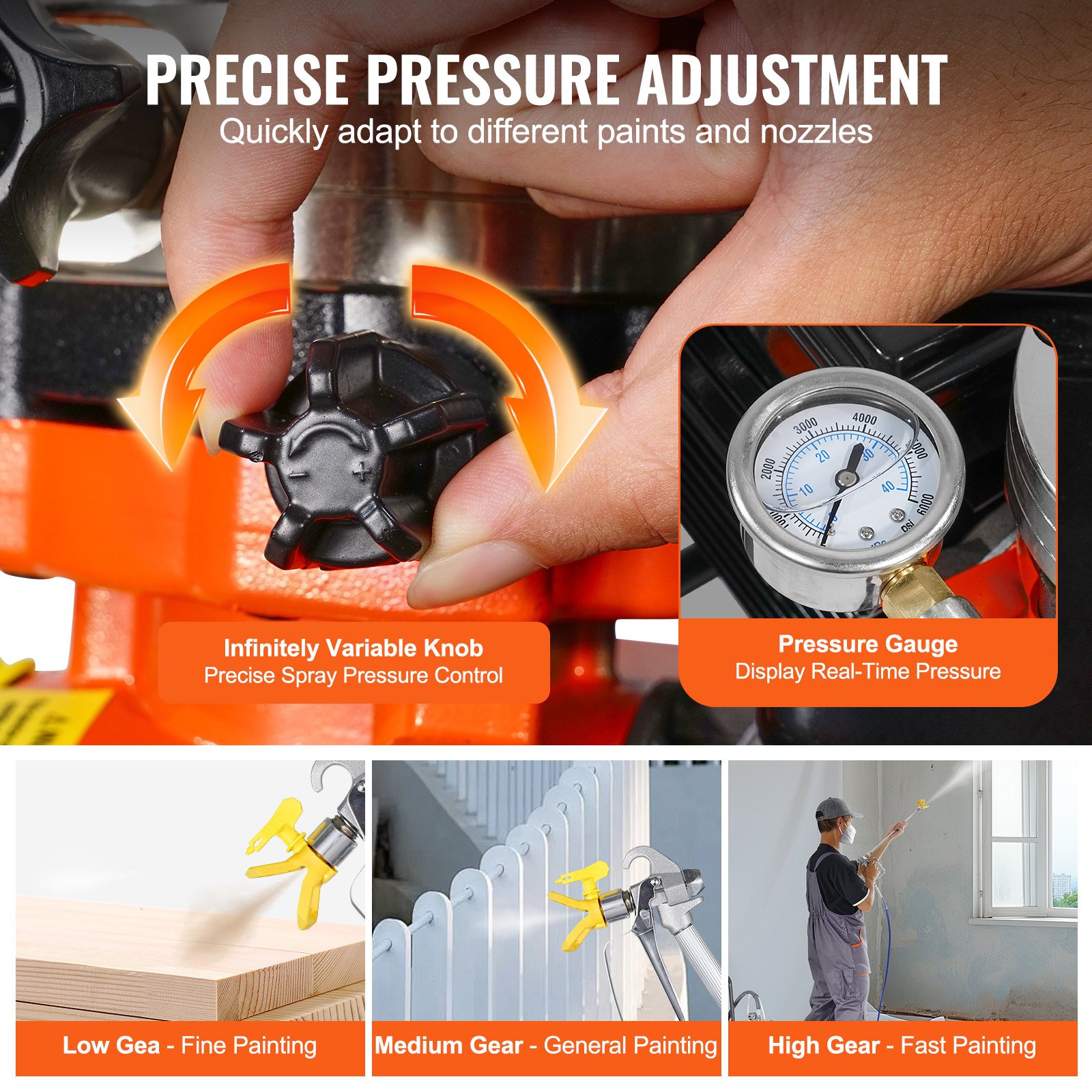 VEVOR Diaphragm Airless Paint Sprayer, 900 W Efficiency Cart Airless Paint Sprayer, 1800 psi High Pressure Paint Airless Sprayer, with Extension Bar, for Home Interior and Exterior Spraying