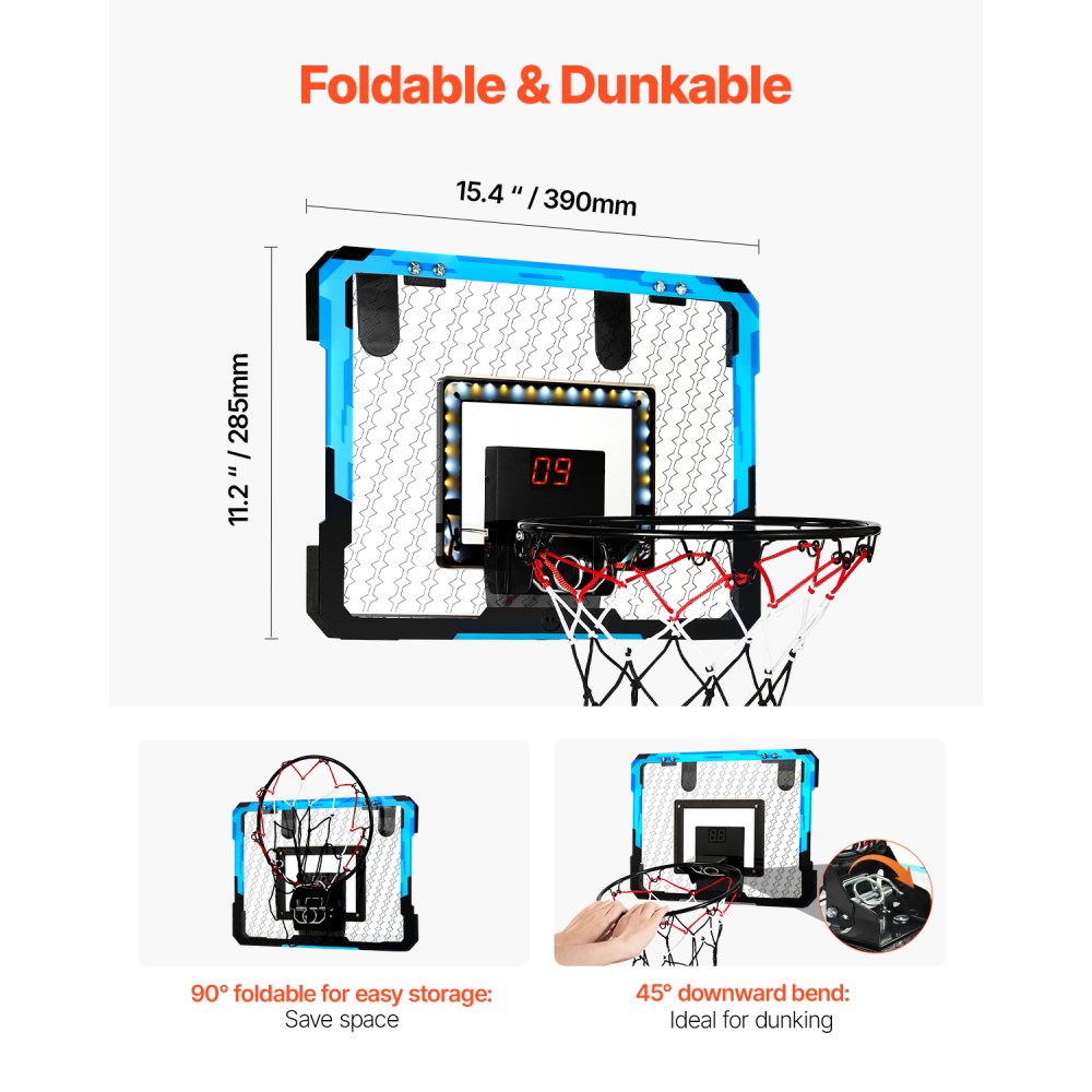 VEVOR Kids Basketball Hoop, Mini Basketball Goal with Electronic Scoreboard, Over The Door Basketball Hoop with Scoring & Music Accompaniment Functions, LED Light, Indoor Basketball Hoop for Kids 3+