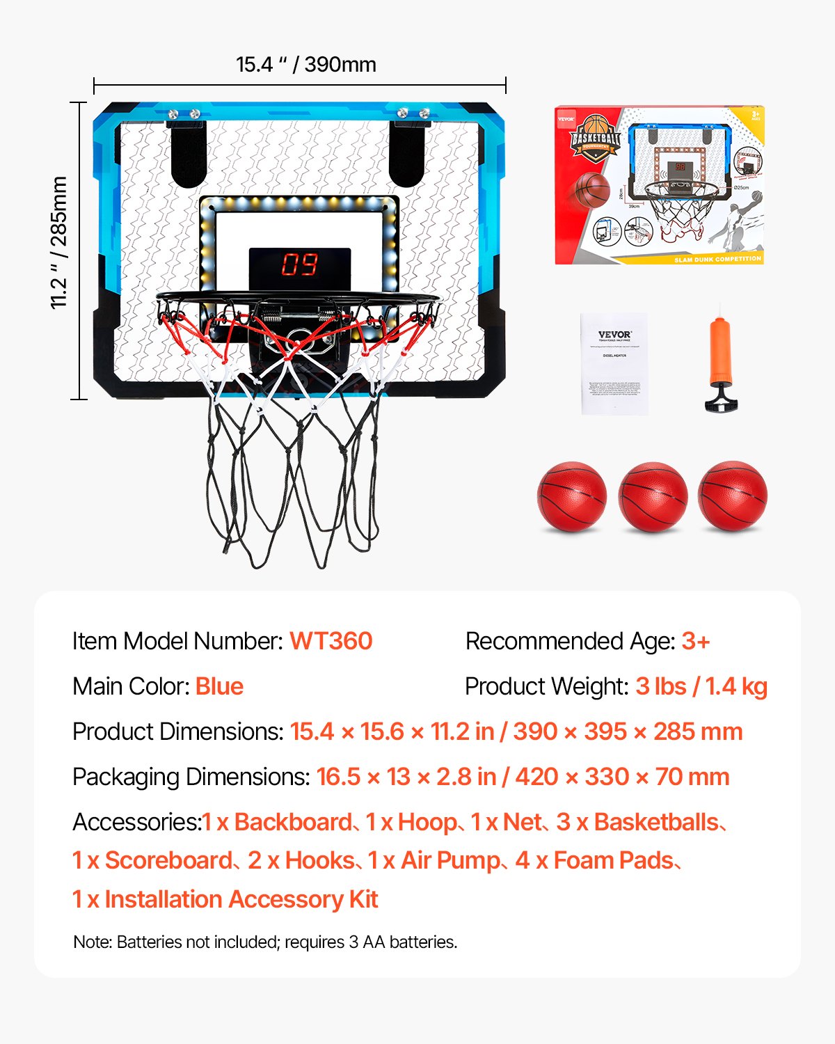 VEVOR Kids Basketball Hoop, Mini Basketball Goal with Electronic Scoreboard, Over The Door Basketball Hoop with Scoring & Music Accompaniment Functions, LED Light, Indoor Basketball Hoop for Kids 3+