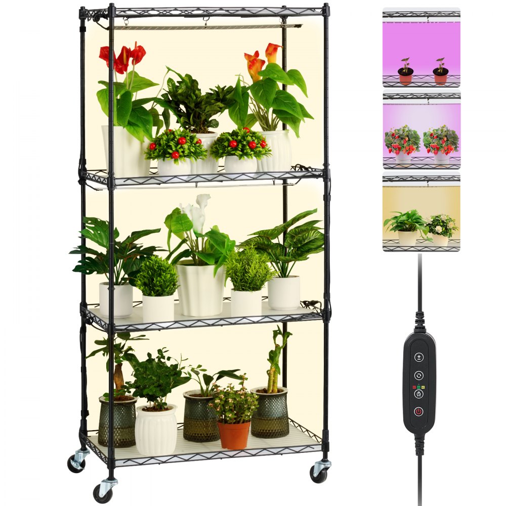 VEVOR Plant Stand with Grow Light, 4-Tier Plant Shelf with 45W Full Spectrum Grow Light, 3 Mode Plant Light with Timer and Wheel for Seed Starting, Metal Grow Light Shelf for Indoor Plants