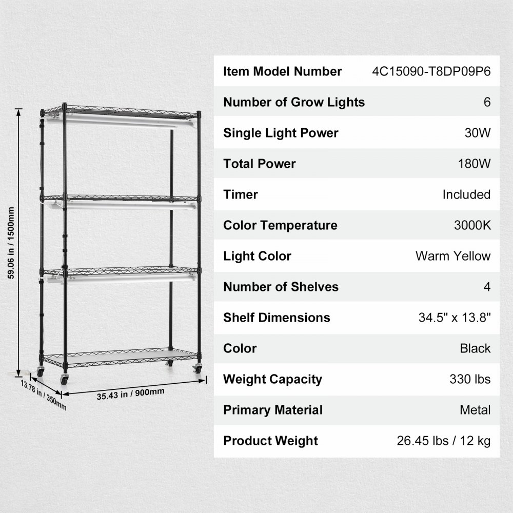 VEVOR Plant Stand with Grow Light, 4 Tiers, 180W Indoor Grow Light Shelf  3 Spectrum Lights Modes Metal Plant Shelf with Timer Garden Plant Grow Rack for Seed Starting Germination 75 x 35 x 150  cm