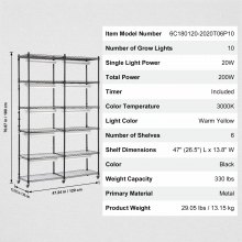 VEVOR Plant Stand with Grow Light, 6-Tier Large Tall Plant Shelf with 3000K 200W Full Spectrum Grow Light, Indoor Grow Light Shelf with Timer and Wheel for Seed Starting 47.2" L x 13.8" W x 70.8" H