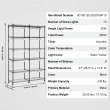 VEVOR Plant Stand with Grow Light, 6-Tier Large Tall Plant Shelf with 3000K 200W Full Spectrum Grow Light, Indoor Grow Light Shelf with Timer and Wheel for Seed Starting 47.2" L x 13.8" W x 70.8" H