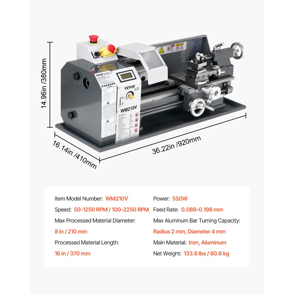 VEVOR Metal Lathe, 203 x 406 mm(8 x 16 in), 550W Benchtop Lathe Machine, 0-2500 RPM Variable Speed, with 0.0076 mm(0.0003 in) Spindle Accuracy Metal Gear, for Processing Precision Parts Imperial/Metric Thread Soft Metals Wood
