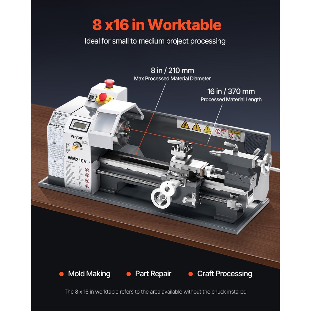 VEVOR Metal Lathe, 203 x 406 mm(8 x 16 in), 550W Benchtop Lathe Machine, 0-2500 RPM Variable Speed, with 0.0076 mm(0.0003 in) Spindle Accuracy Metal Gear, for Processing Precision Parts Imperial/Metric Thread Soft Metals Wood