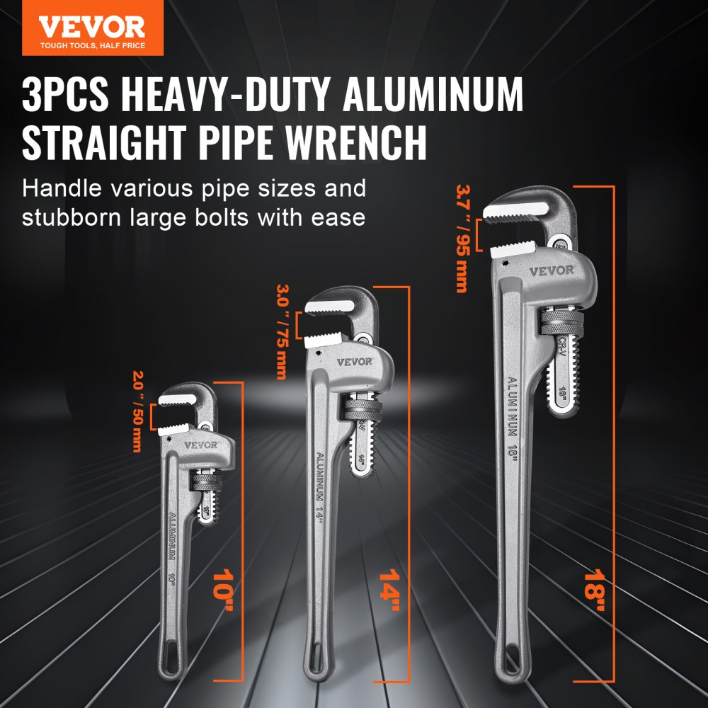 VEVOR 3-Piece Pipe Wrench Set, 245 & 320 & 457 mm Aluminum Straight Pipe Wrench, Adjustable Plumbing Wrench, with High Strength Jaw and Ergonomic Handle, Hangable Design, for Water Pipes, Automotive Repairs