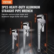VEVOR 3PCS Aluminum Straight Pipe Wrench Set 10/14/18 in Plumbing Wrench CRV Jaw