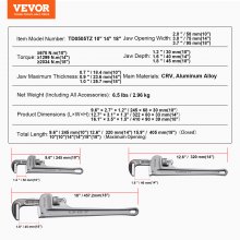 VEVOR 3-Piece Pipe Wrench Set, 10" 14" 18" Aluminum Straight Pipe Wrench, Adjustable Plumbing Wrench, with High Strength Jaw and Ergonomic Handle, Hangable Design, for Water Pipes, Automotive Repairs
