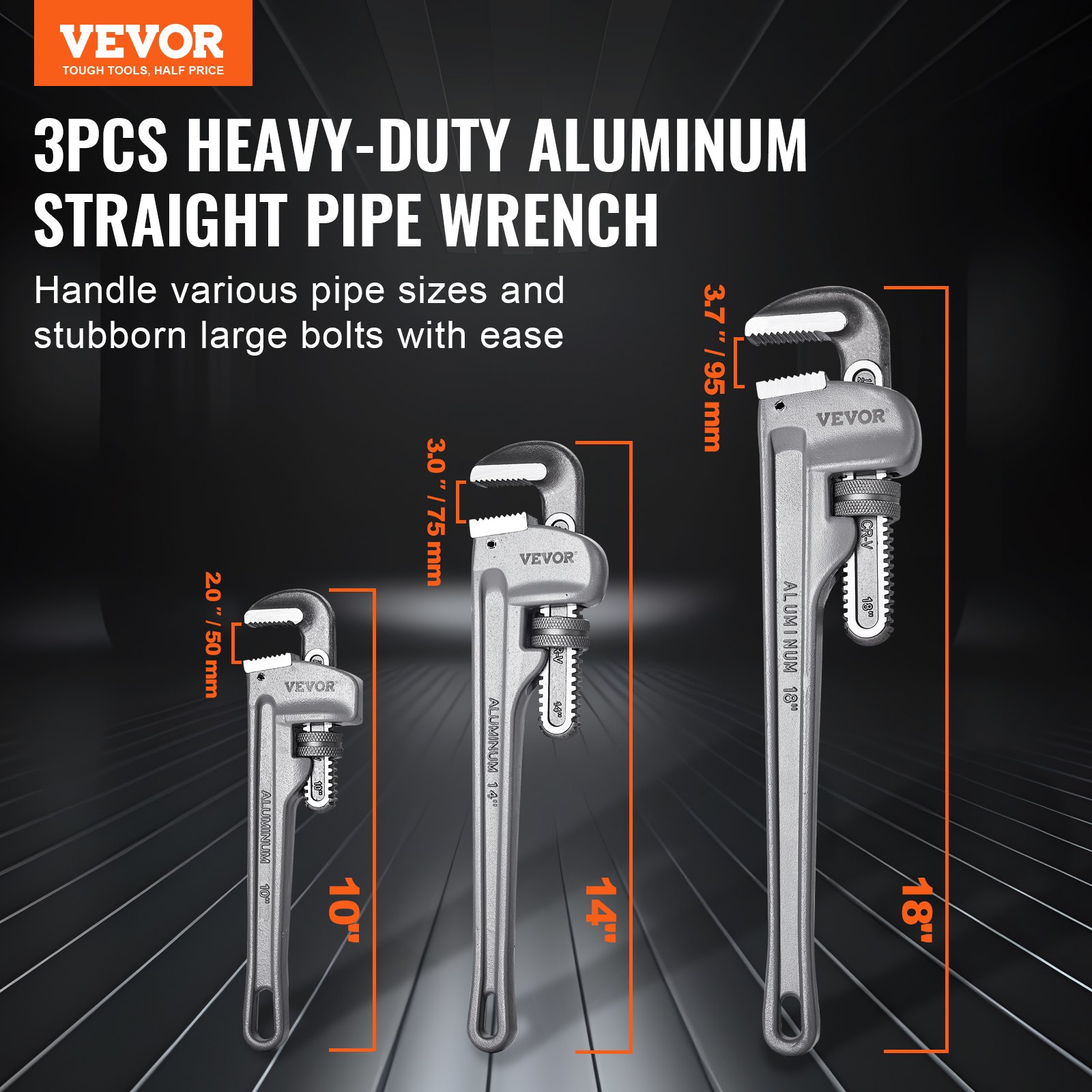 VEVOR 3-Piece Pipe Wrench Set, 245 & 320 & 457 mm Aluminum Straight Pipe Wrench, Adjustable Plumbing Wrench, with High Strength Jaw and Ergonomic Handle, Hangable Design, for Water Pipes, Automotive Repairs