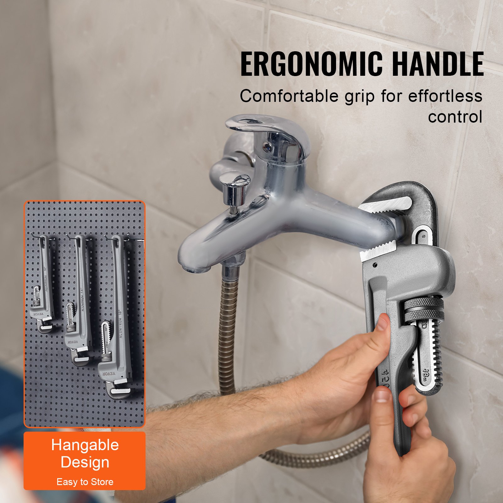 VEVOR 3-Piece Pipe Wrench Set, 245 & 320 & 457 mm Aluminum Straight Pipe Wrench, Adjustable Plumbing Wrench, with High Strength Jaw and Ergonomic Handle, Hangable Design, for Water Pipes, Automotive Repairs