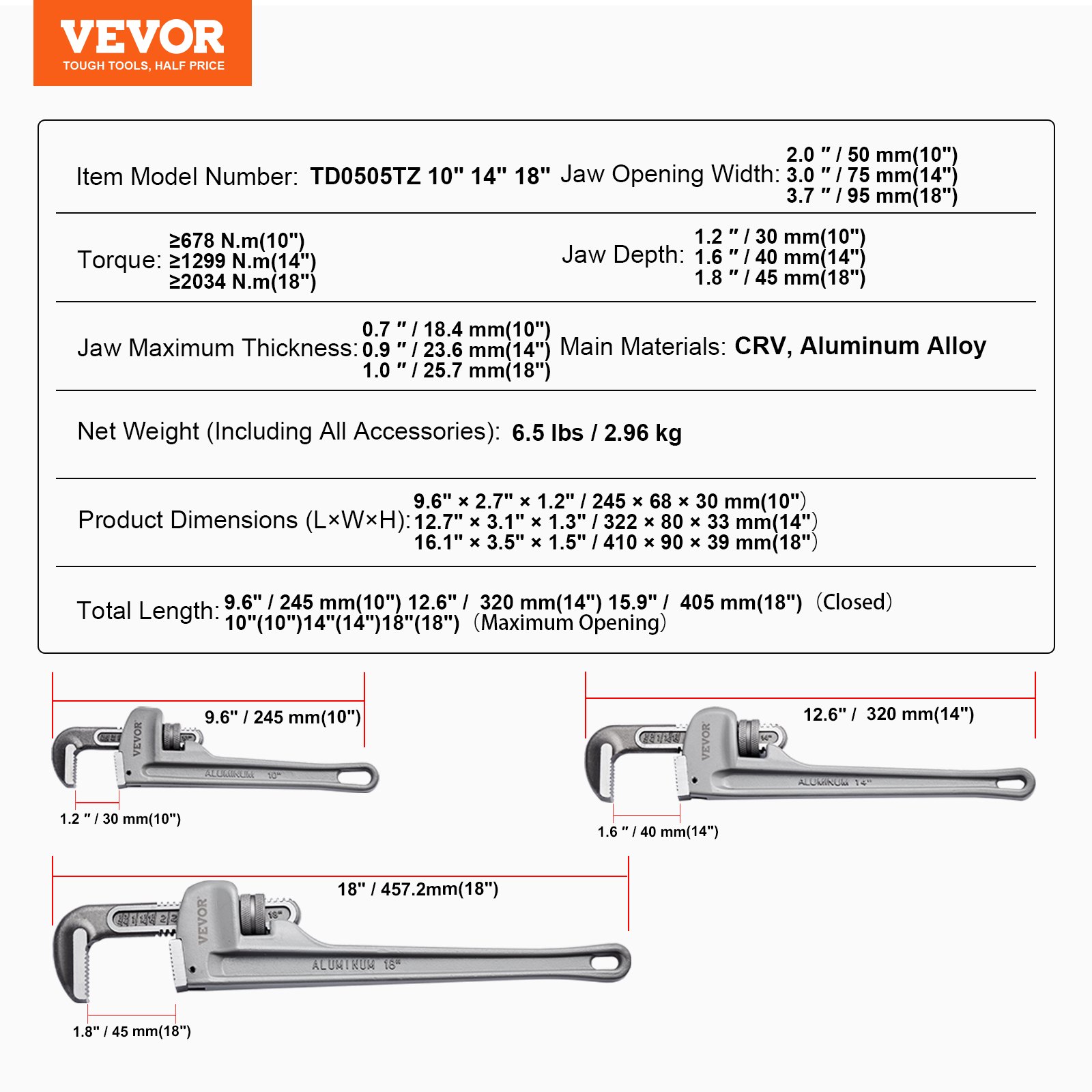 VEVOR 3-Piece Pipe Wrench Set, 245 & 320 & 457 mm Aluminum Straight Pipe Wrench, Adjustable Plumbing Wrench, with High Strength Jaw and Ergonomic Handle, Hangable Design, for Water Pipes, Automotive Repairs
