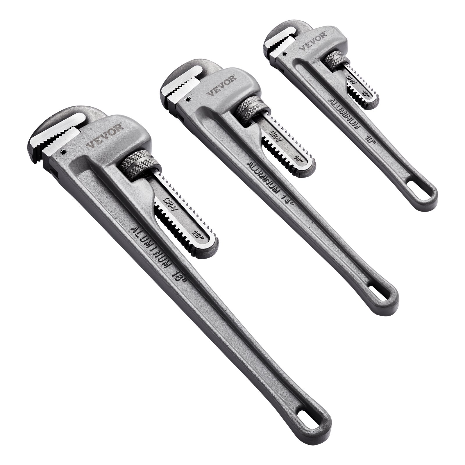 VEVOR 3-Piece Pipe Wrench Set, 245 & 320 & 457 mm Aluminum Straight Pipe Wrench, Adjustable Plumbing Wrench, with High Strength Jaw and Ergonomic Handle, Hangable Design, for Water Pipes, Automotive Repairs