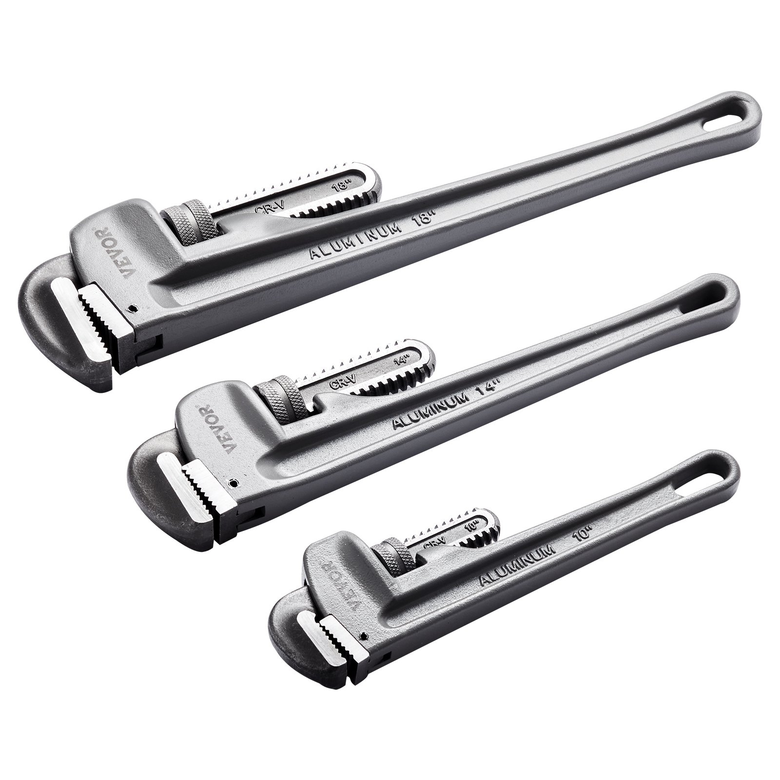 VEVOR 3-Piece Pipe Wrench Set, 245 & 320 & 457 mm Aluminum Straight Pipe Wrench, Adjustable Plumbing Wrench, with High Strength Jaw and Ergonomic Handle, Hangable Design, for Water Pipes, Automotive Repairs