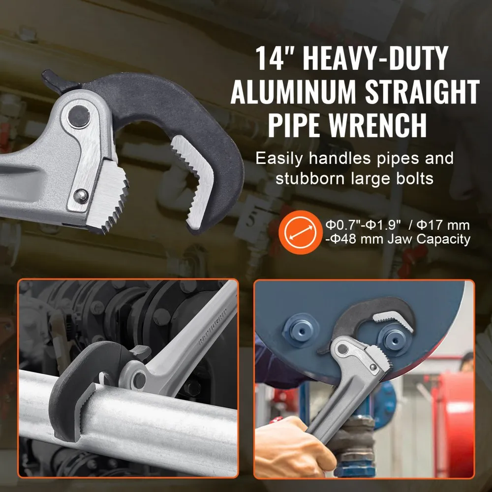 14&quot; heavy-duty aluminum VEVOR pipe wrench handling pipes and large bolts, φ17-48 mm jaw capacity.