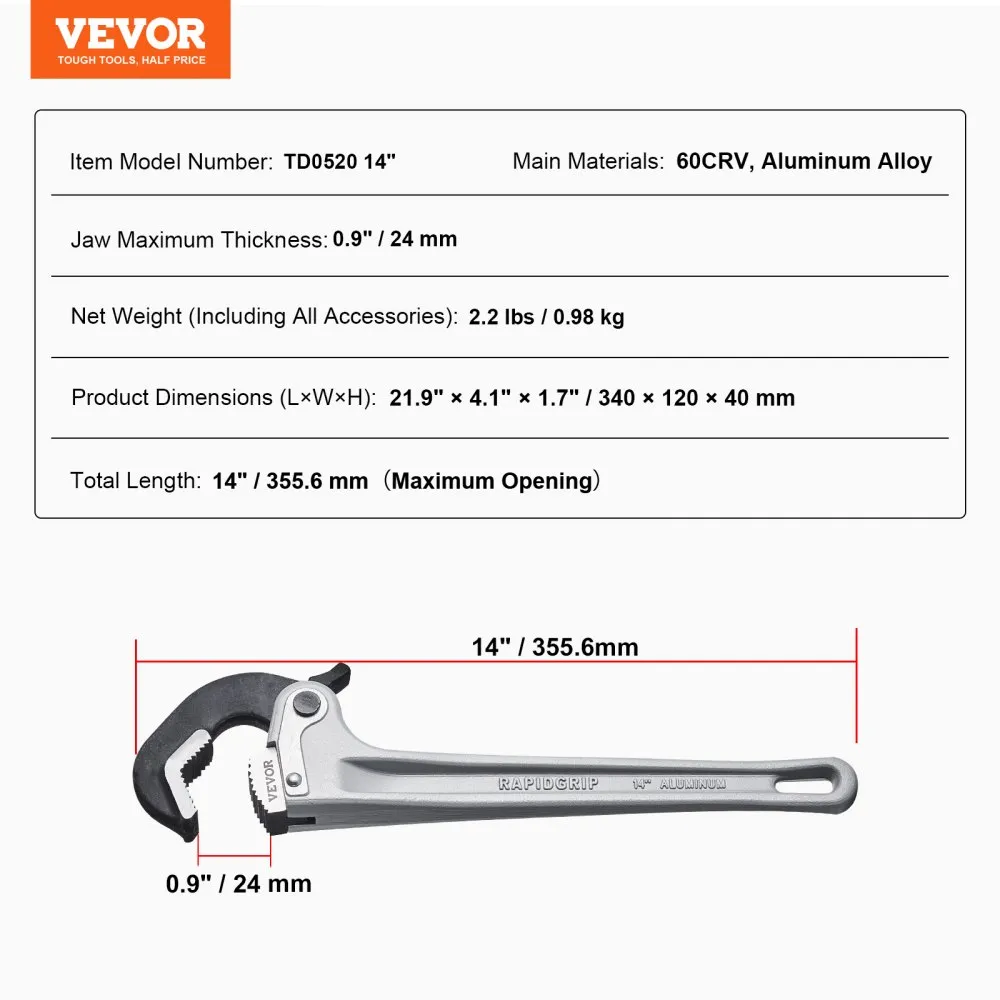 VEVOR pipe wrench specifications: 14-inch, 60crv aluminum alloy, 0.9&quot; jaw, 2.2 lbs, 21.9&quot;x4.1&quot;x1.7&quot;.
