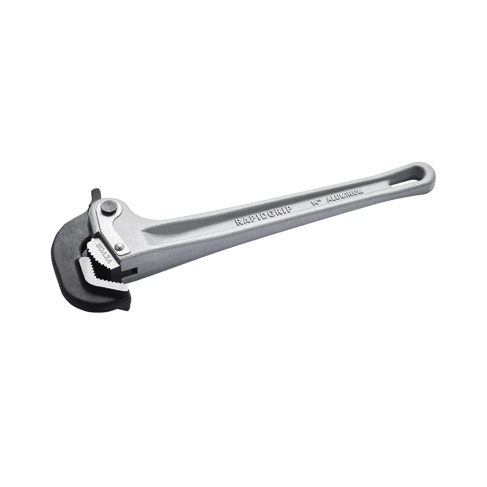 VEVOR metallic pipe wrench with black jaw and ergonomic handle.