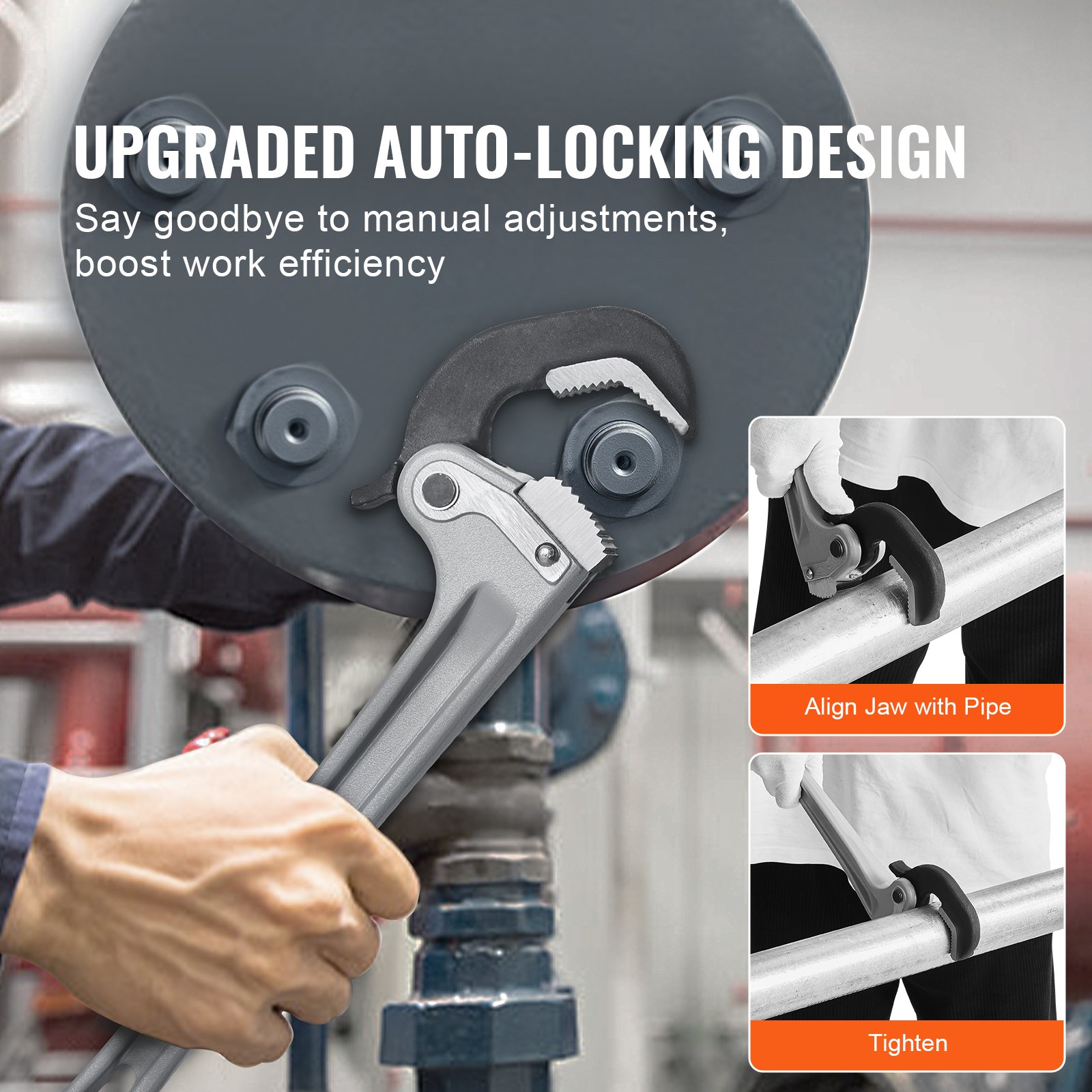 VEVOR Pipe Wrench, 356mm Aluminum Straight Pipe Wrench, Automatic Jaw Adjustment, Adjustable Plumbing Wrench, Easy to Carry, Ergonomic Handle, Hangable Design, for Water Pipes, Automotive Repairs