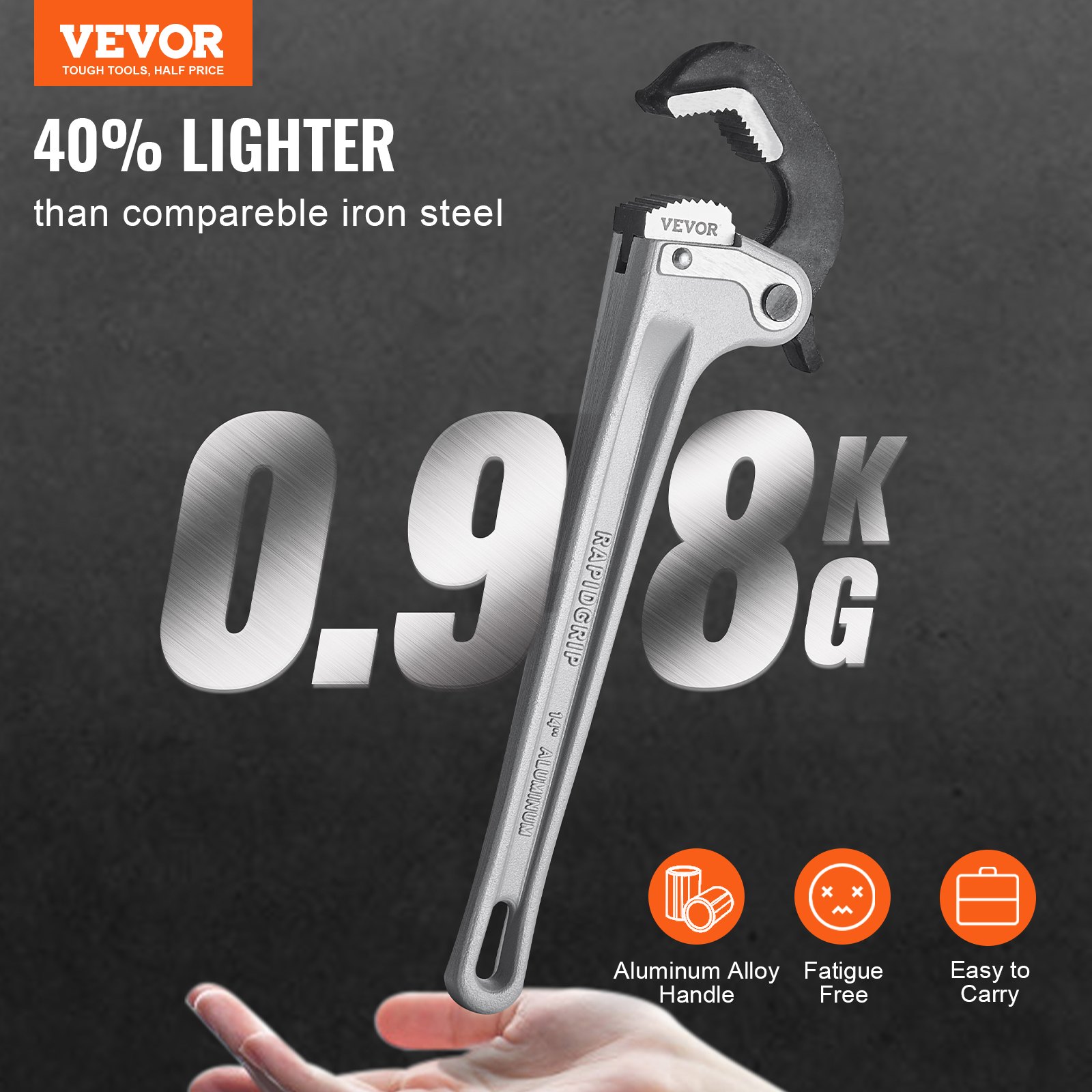 VEVOR Pipe Wrench, 356mm Aluminum Straight Pipe Wrench, Automatic Jaw Adjustment, Adjustable Plumbing Wrench, Easy to Carry, Ergonomic Handle, Hangable Design, for Water Pipes, Automotive Repairs