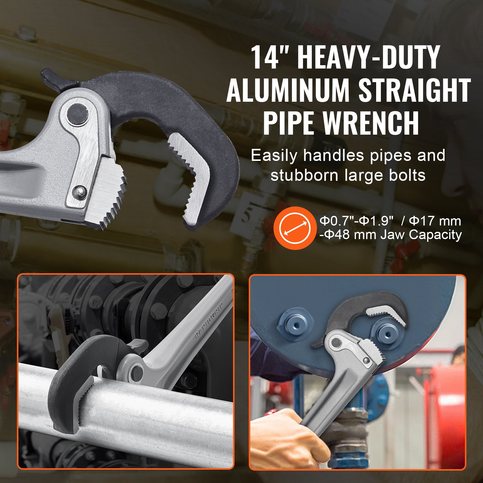 VEVOR Pipe Wrench, 356mm Aluminum Straight Pipe Wrench, Automatic Jaw Adjustment, Adjustable Plumbing Wrench, Easy to Carry, Ergonomic Handle, Hangable Design, for Water Pipes, Automotive Repairs