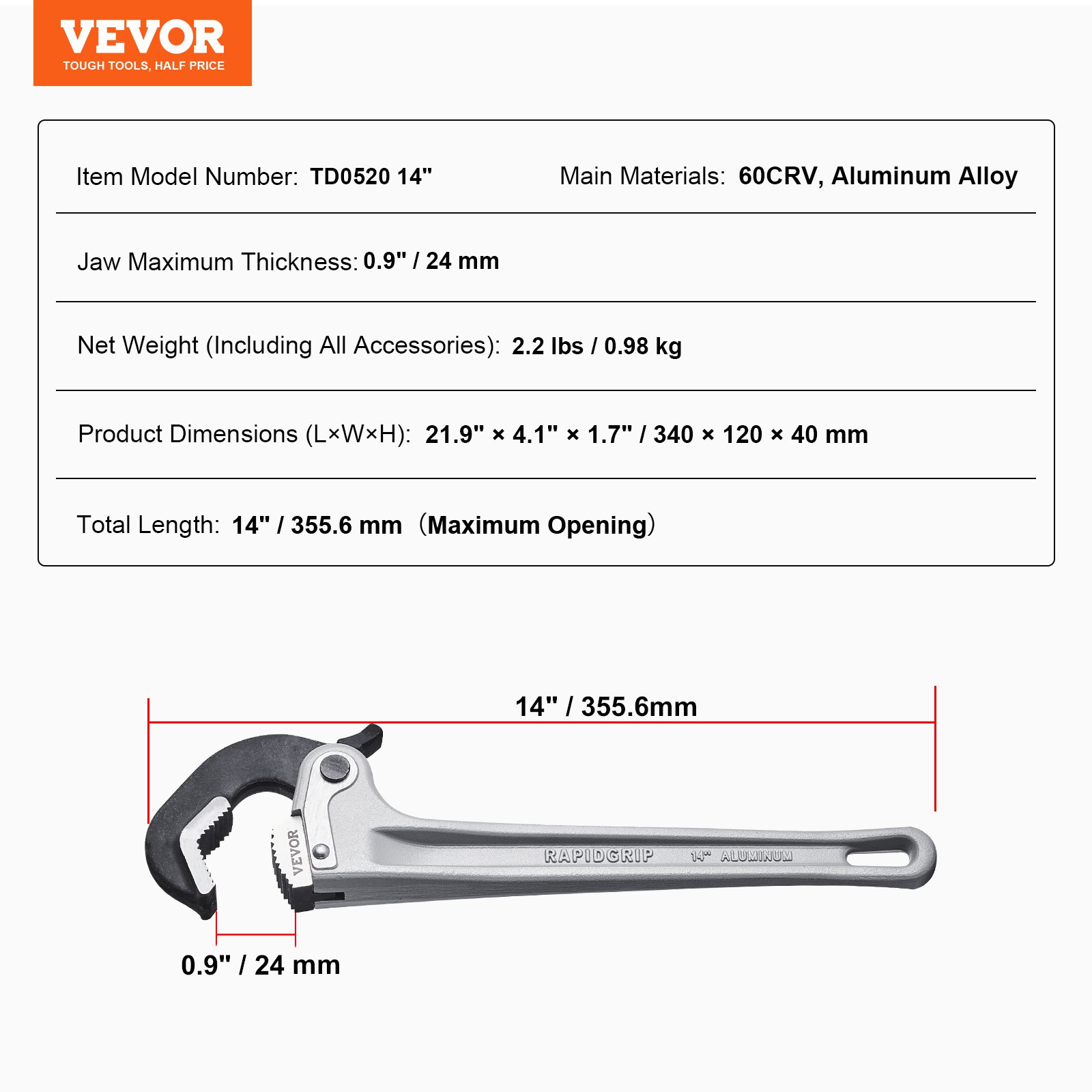 VEVOR Pipe Wrench, 356mm Aluminum Straight Pipe Wrench, Automatic Jaw Adjustment, Adjustable Plumbing Wrench, Easy to Carry, Ergonomic Handle, Hangable Design, for Water Pipes, Automotive Repairs
