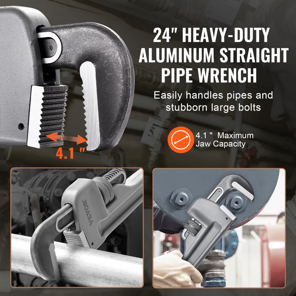 24&quot; heavy-duty aluminum straight VEVOR pipe wrench with 4.1&quot; jaw capacity for large pipes and bolts.