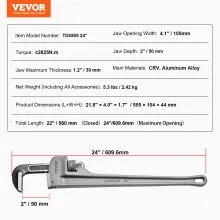 VEVOR Aluminum Straight Pipe Wrench 24 in Adjustable Plumbing Wrench CRV Jaw