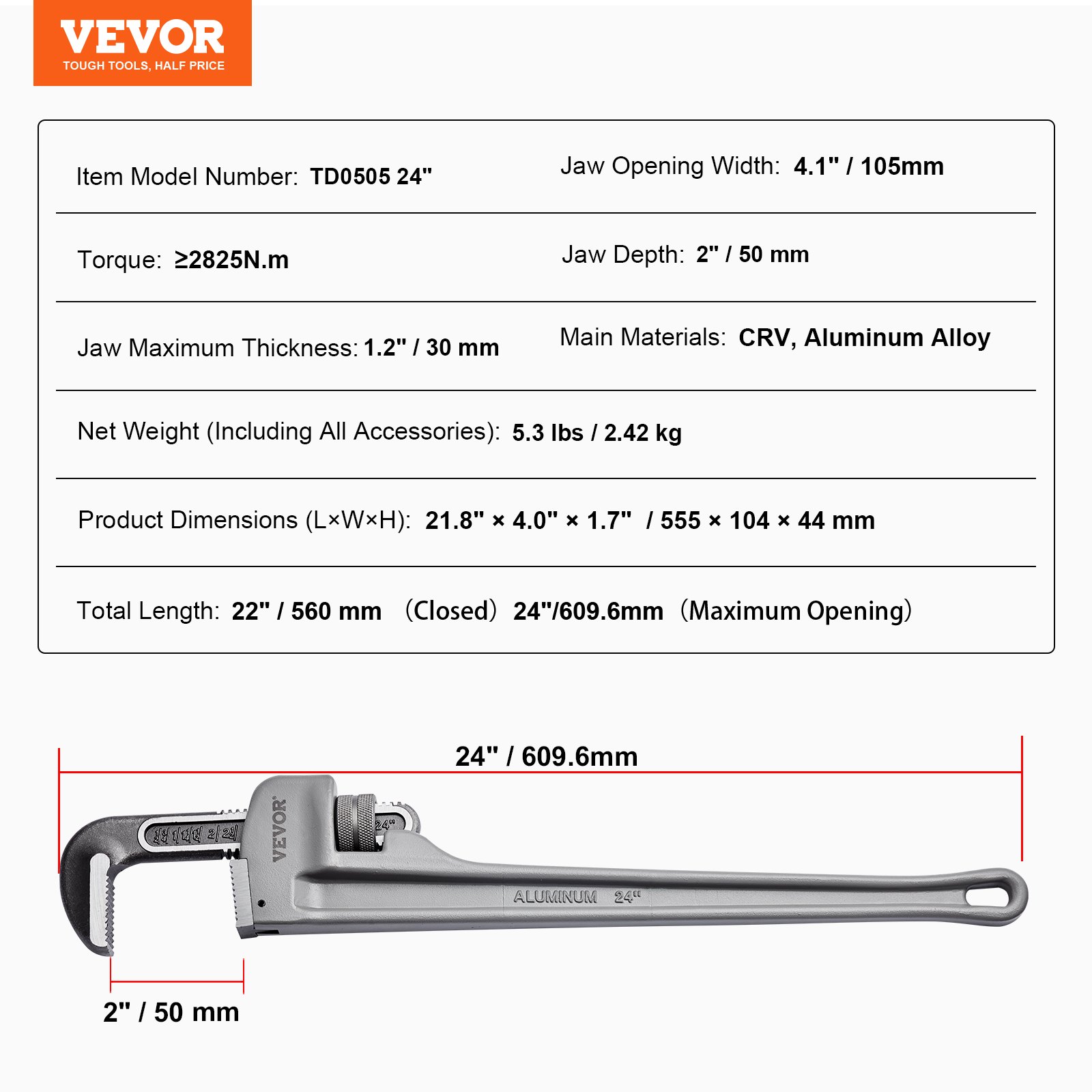 VEVOR pipe wrench td0505 24&quot;, crv aluminum alloy, jaw width 4.1&quot;, torque ≥2825n.m, weight 2.42kg.