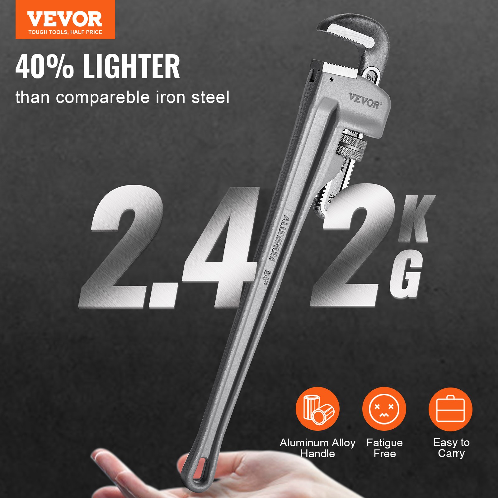 VEVOR Pipe Wrench, 609.6mm Aluminum Straight Pipe Wrench, Adjustable Plumbing Wrench, with High Strength Jaw and Ergonomic Handle, Easy to Carry, Hangable Design, for Water Pipes, Automotive Repairs