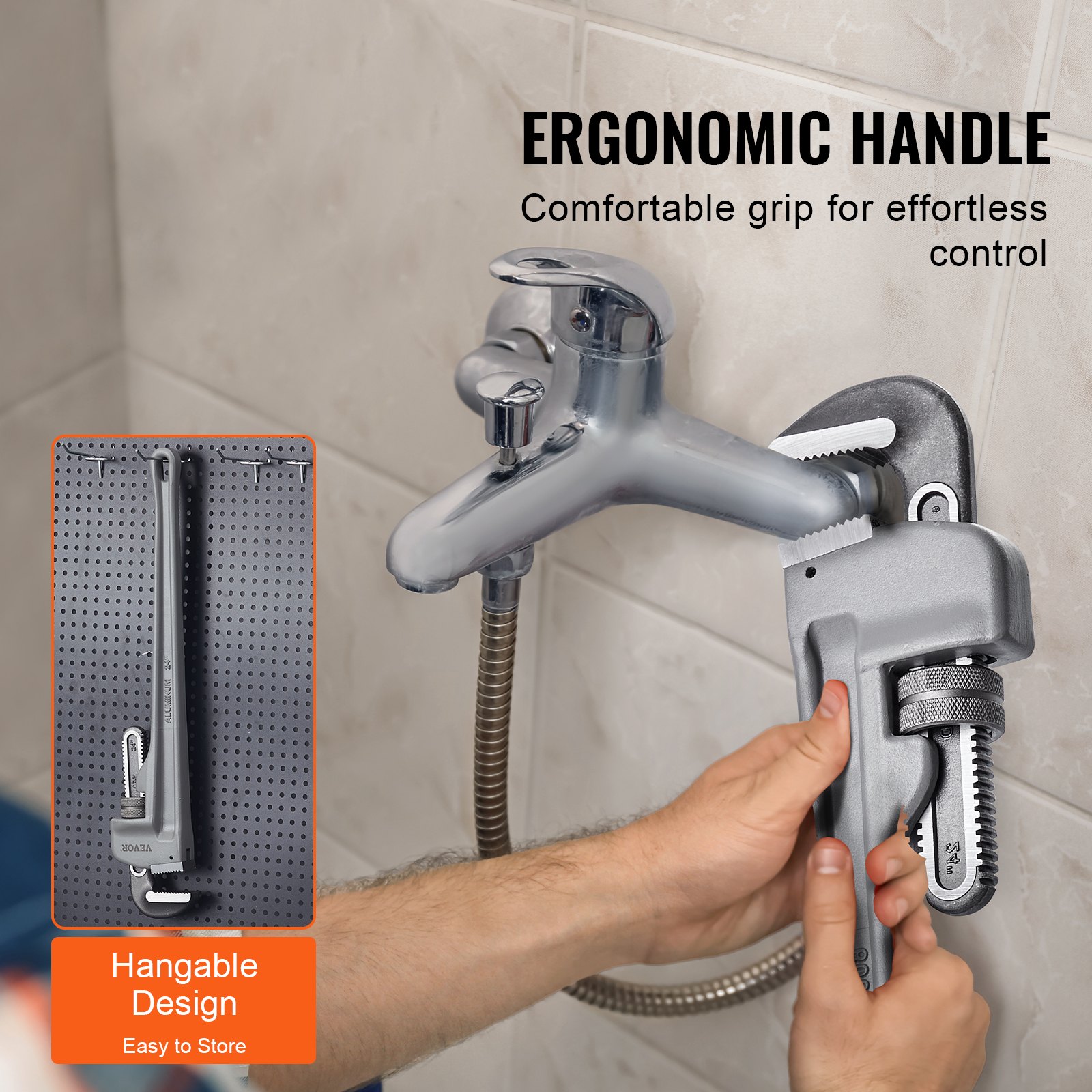 VEVOR Pipe Wrench, 609.6mm Aluminum Straight Pipe Wrench, Adjustable Plumbing Wrench, with High Strength Jaw and Ergonomic Handle, Easy to Carry, Hangable Design, for Water Pipes, Automotive Repairs